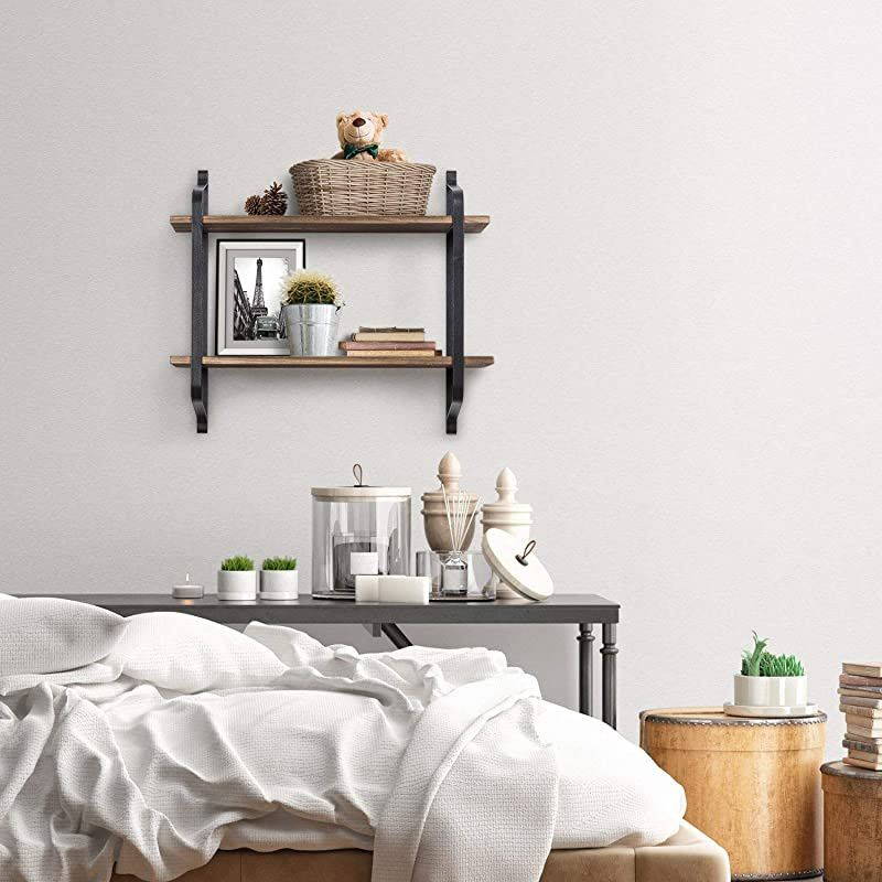 Rustic Floating Shelves Wall Mounted Industrial Wall Shelves for Pantry Living Room Bedroom Kitchen Entryway 2 Tier Wood Storage Shelf Heavy Duty Carbonized Black