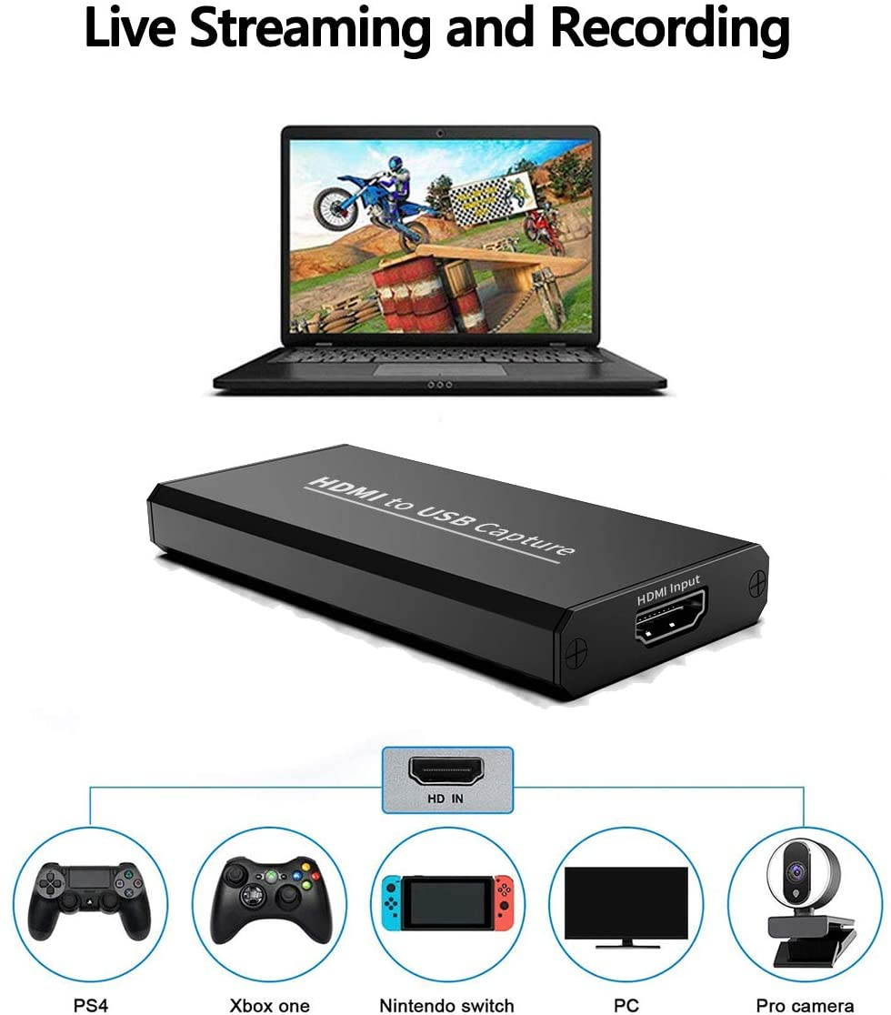Capture Card, 4K Video Capture Cards HD 1080P Broadcast Live, Record via DSLR, Camcorder, Camera, PS4, Xbox one, Wii U, Nintendo Switch, Compact HDMI Capture Device