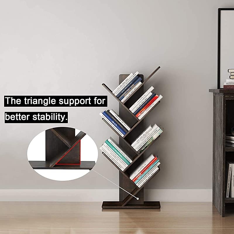 Tree Bookshelf, Bookcase, Bamboo Book Rack, Storage Shelves in Living Room, Free-Standing Books Holder Organizer, Space Saver for Home, Office, Kid's Room Retro Brown