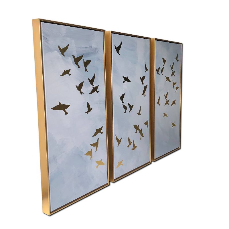 48" x 30" Golden Birds Triptych Floating Framed Wall Canvas Blue - Gallery 57