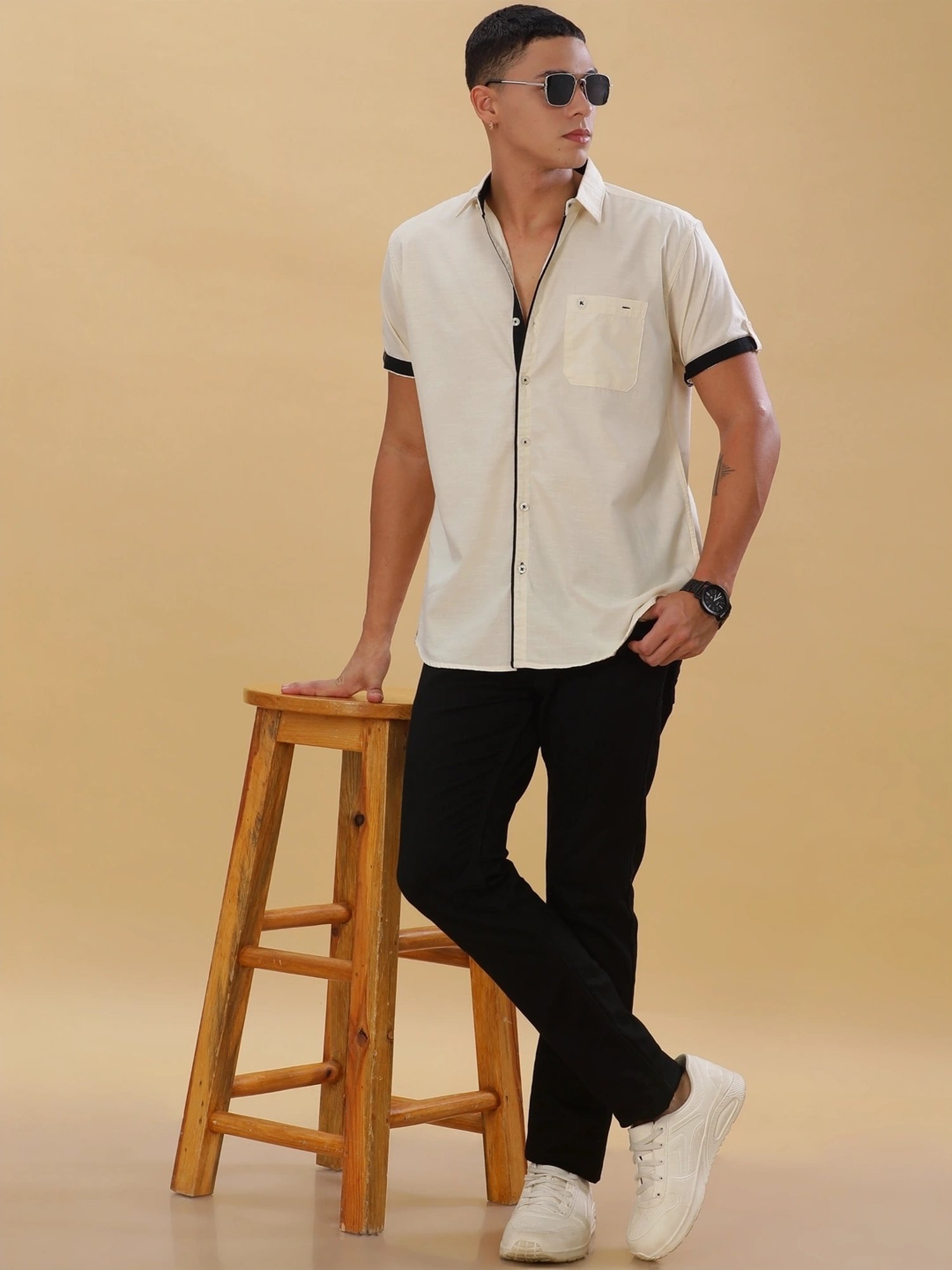 Kuons Avenue Beige Linen Slim Fit Self Pattern Shirt