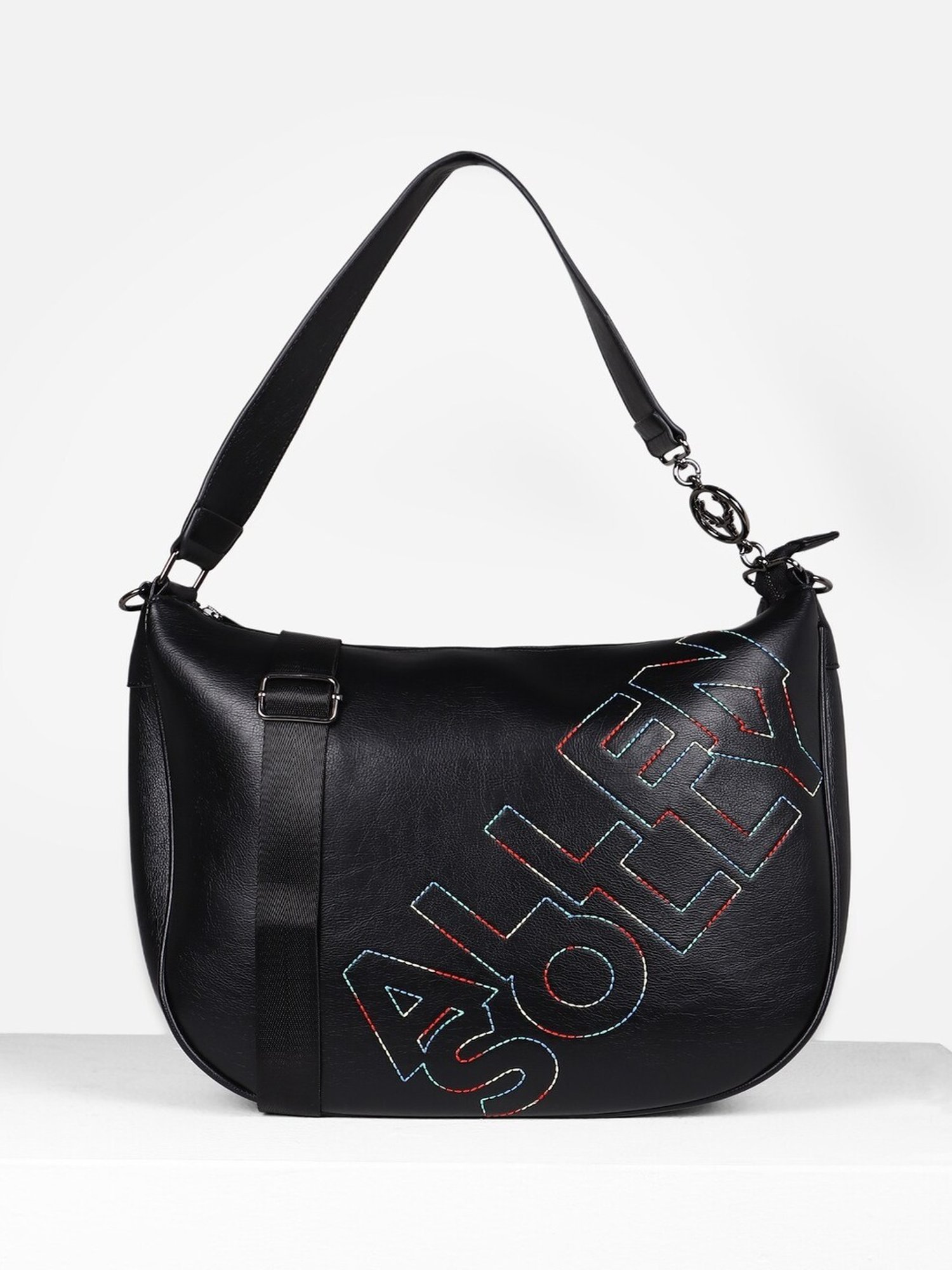 Allen Solly Black Embroidered Medium Shoulder Handbag