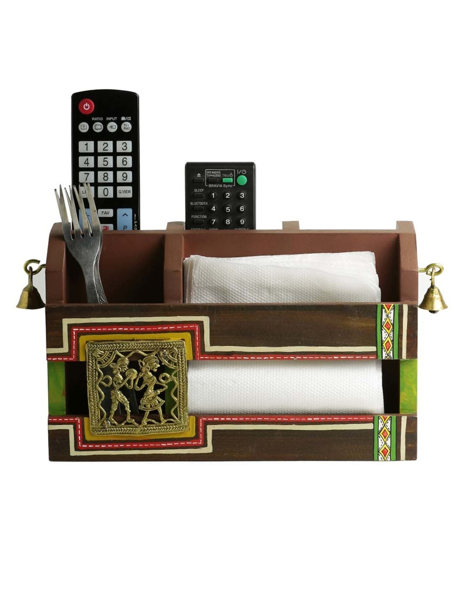 ExclusiveLane 'Dhokr-A-Rrange' Brown Pinewood Table Organiser With Brass Figurines - Set of 1