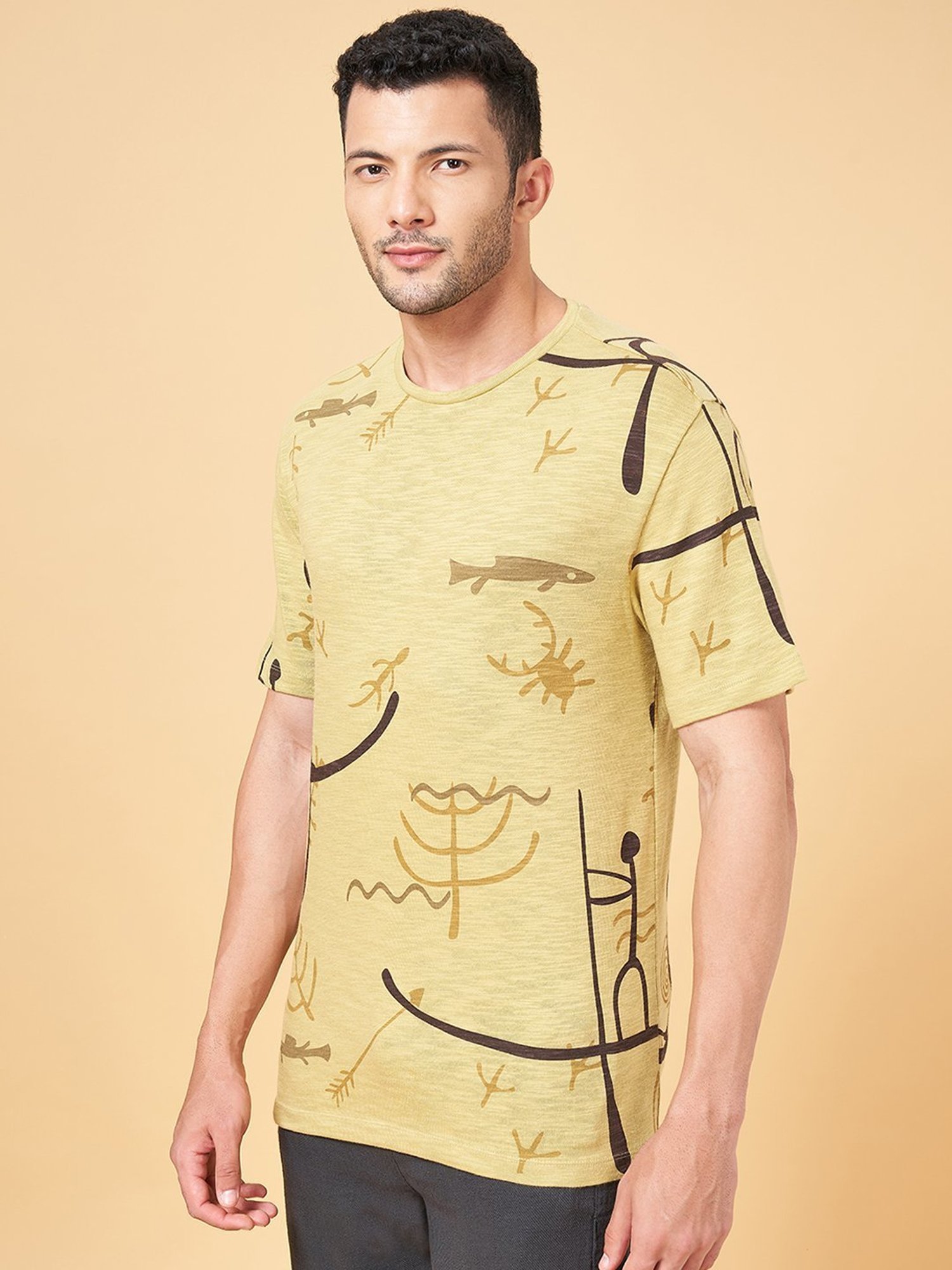 7 Alt By Pantaloons Olive Cotton Relaxed Fit Printed T-Shirt