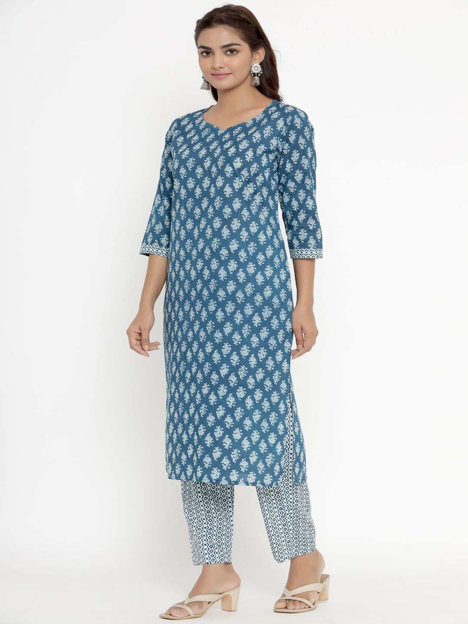 Miravan Blue Cotton Printed Kurta Pant Set