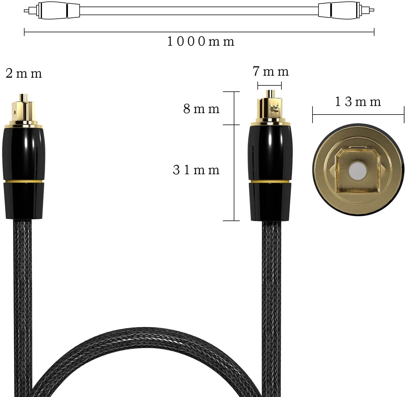 Digital Optical Audio Cable Toslink Cable(3.3 Feet)-[Flawless Audio,Ultra-Durable] Home Theater Fiber Optic Male to Male Gold Plated for Sound Bar, TV, PS, Xbox, Samsung