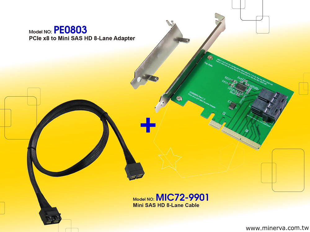 PCIe x8 Gen3 to Mini SAS HD (SFF-8643) 8-Lane Adapter with Mini SAS HD 8-Lane to Mini SAS HD 8-Lane  Cable KIT