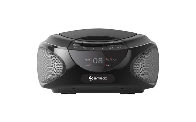 Ematic CD Boombox with Bluetooth Audio & Speakerphone EBB9224 - 1 x Disc Integrated Stereo Speaker - Black - CD-DA - Auxiliary Input