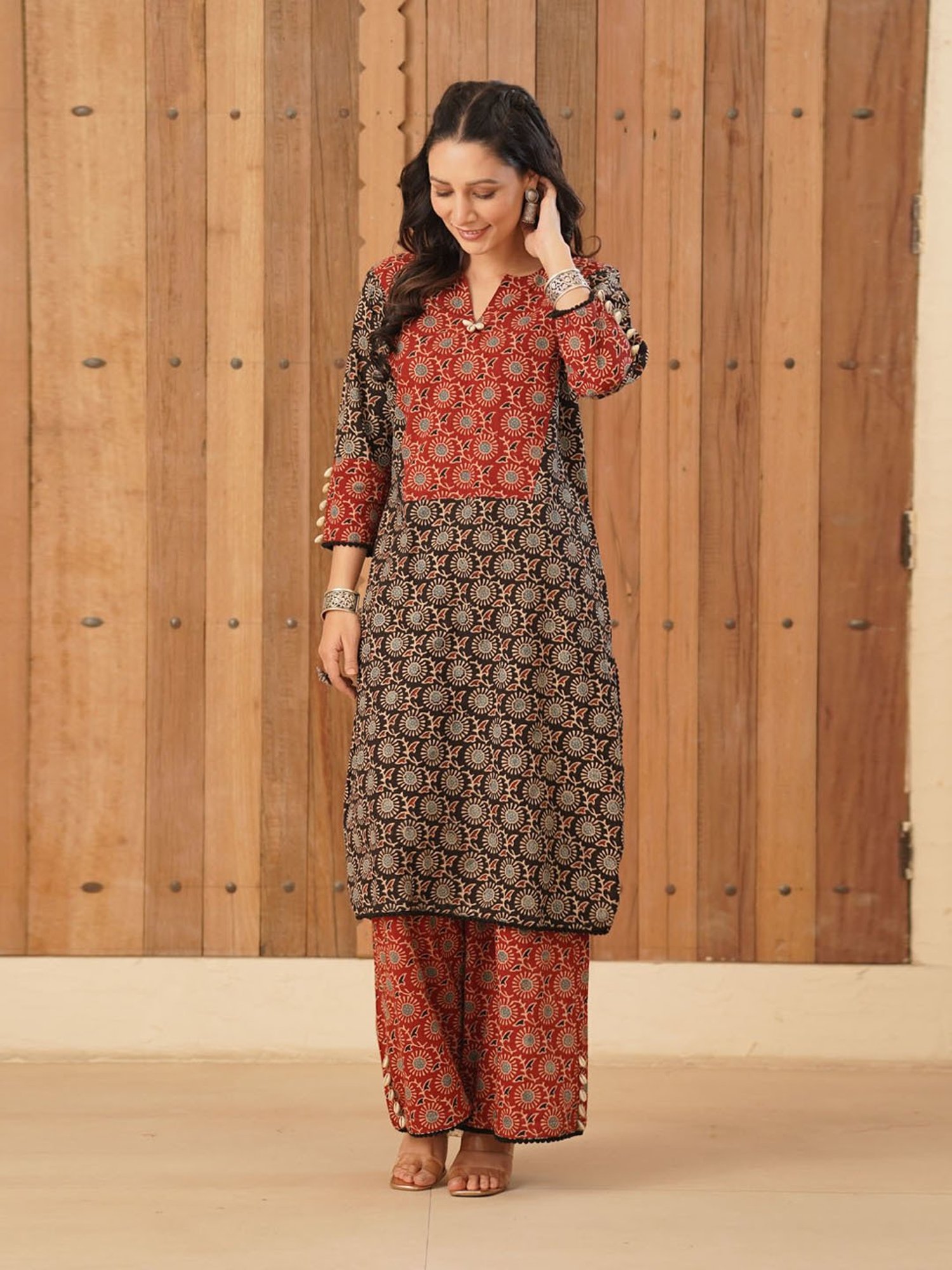 Love Chic Ajrakh Cotton Kurta with cowrie shells and crochet lace details