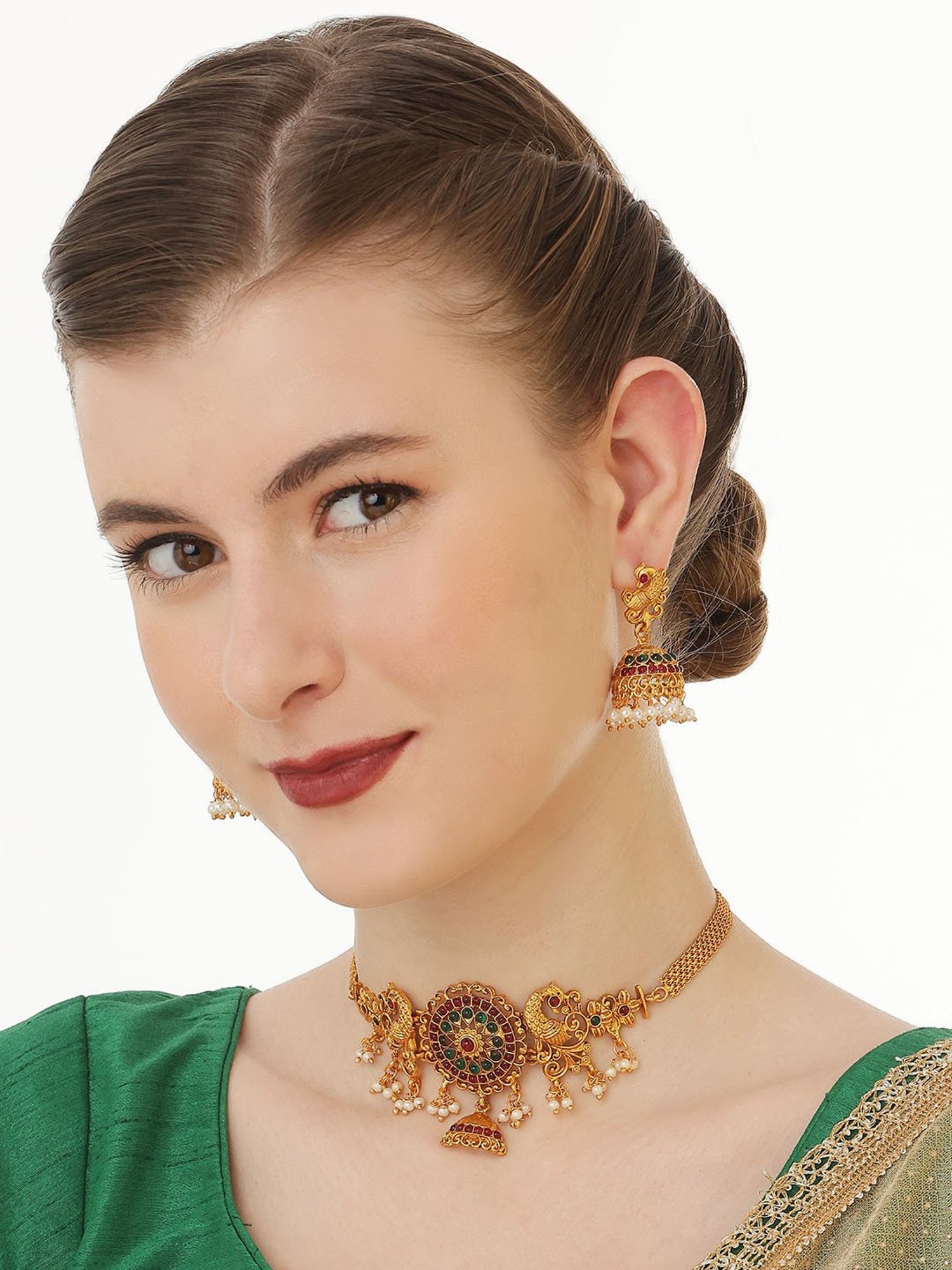 OOMPH Antique Gold Tone Red & Green Stone Peacock Choker Necklace Set with Drop Earrings