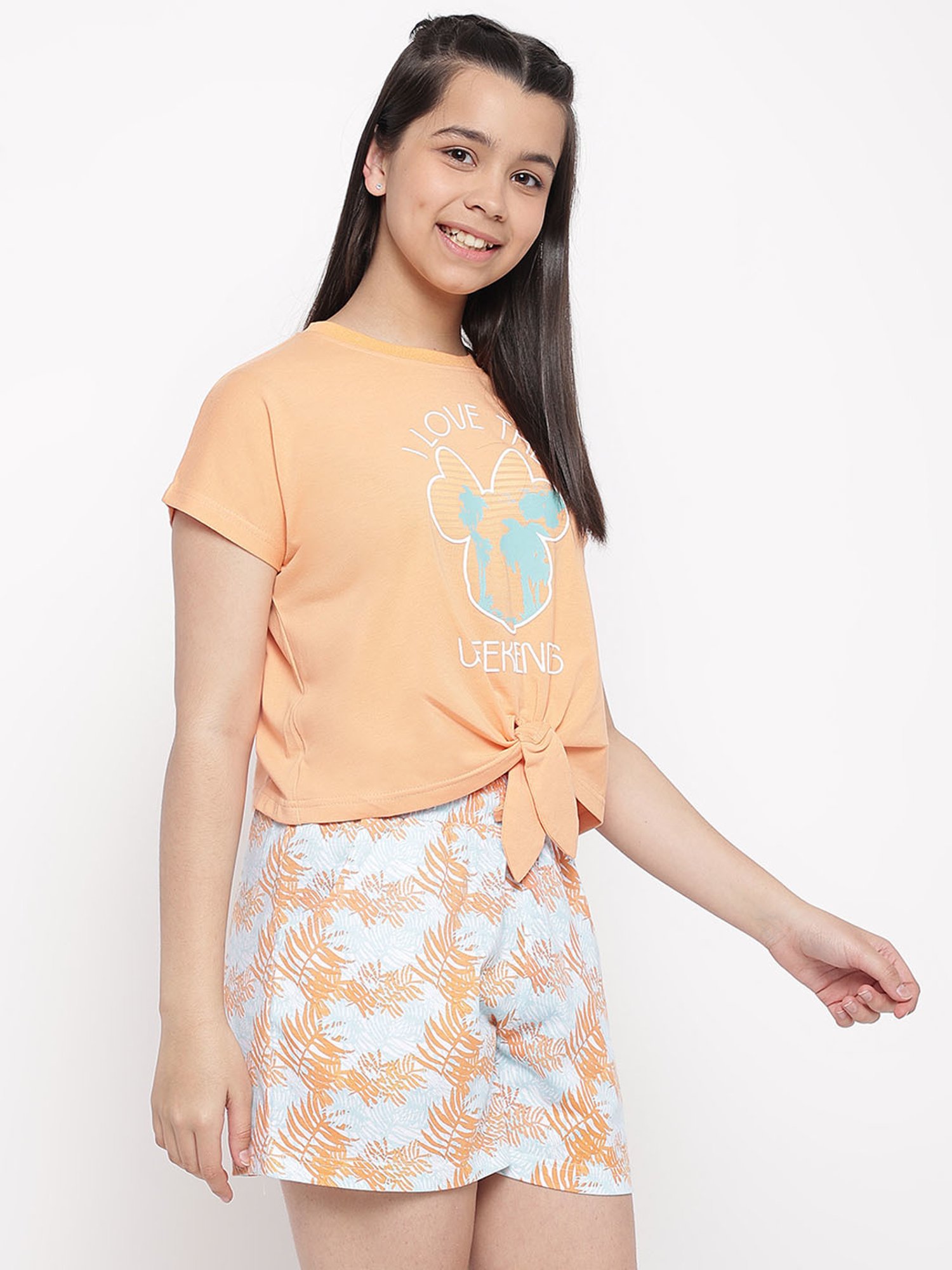 Lil Tomatoes Girls Peach Printed T-Shirt with Shorts