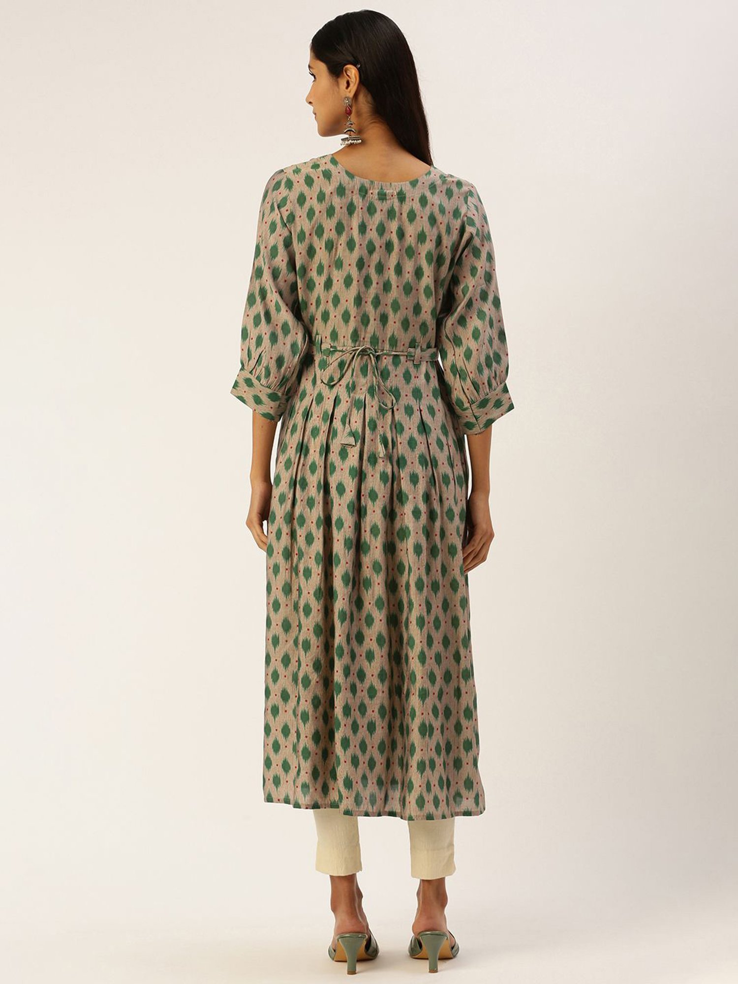 SHANVIKA Beige & Green Printed Cotton Silk A Line Kurta