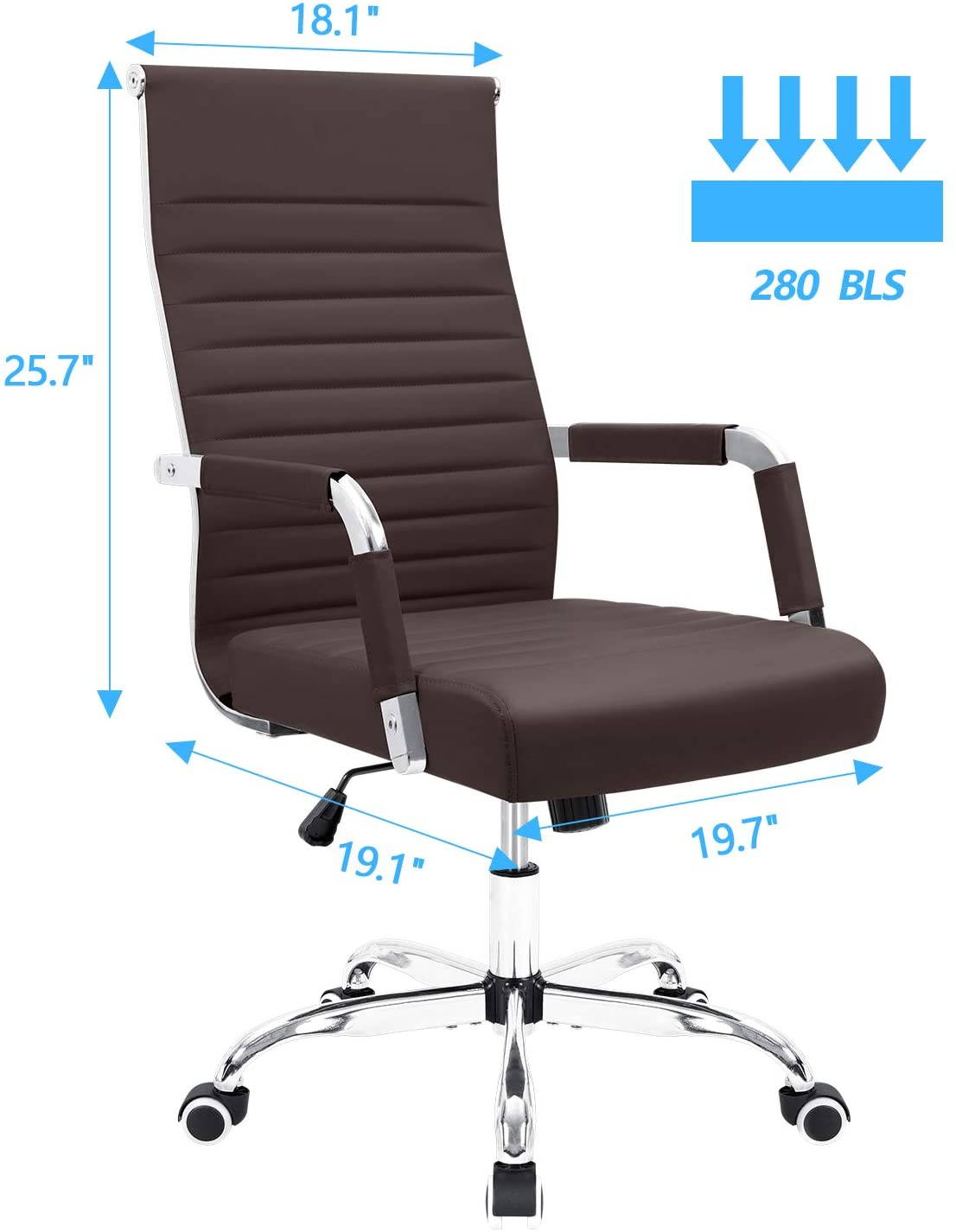 Furmax Ribbed Office Desk Chair Mid-Back PU Leather Executive Conference Task Chair Adjustable Swivel Chair with Arms (Brown)