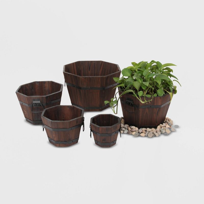 5pc Barrel Style Octagonal Wooden Planters Brown - Leisure Season