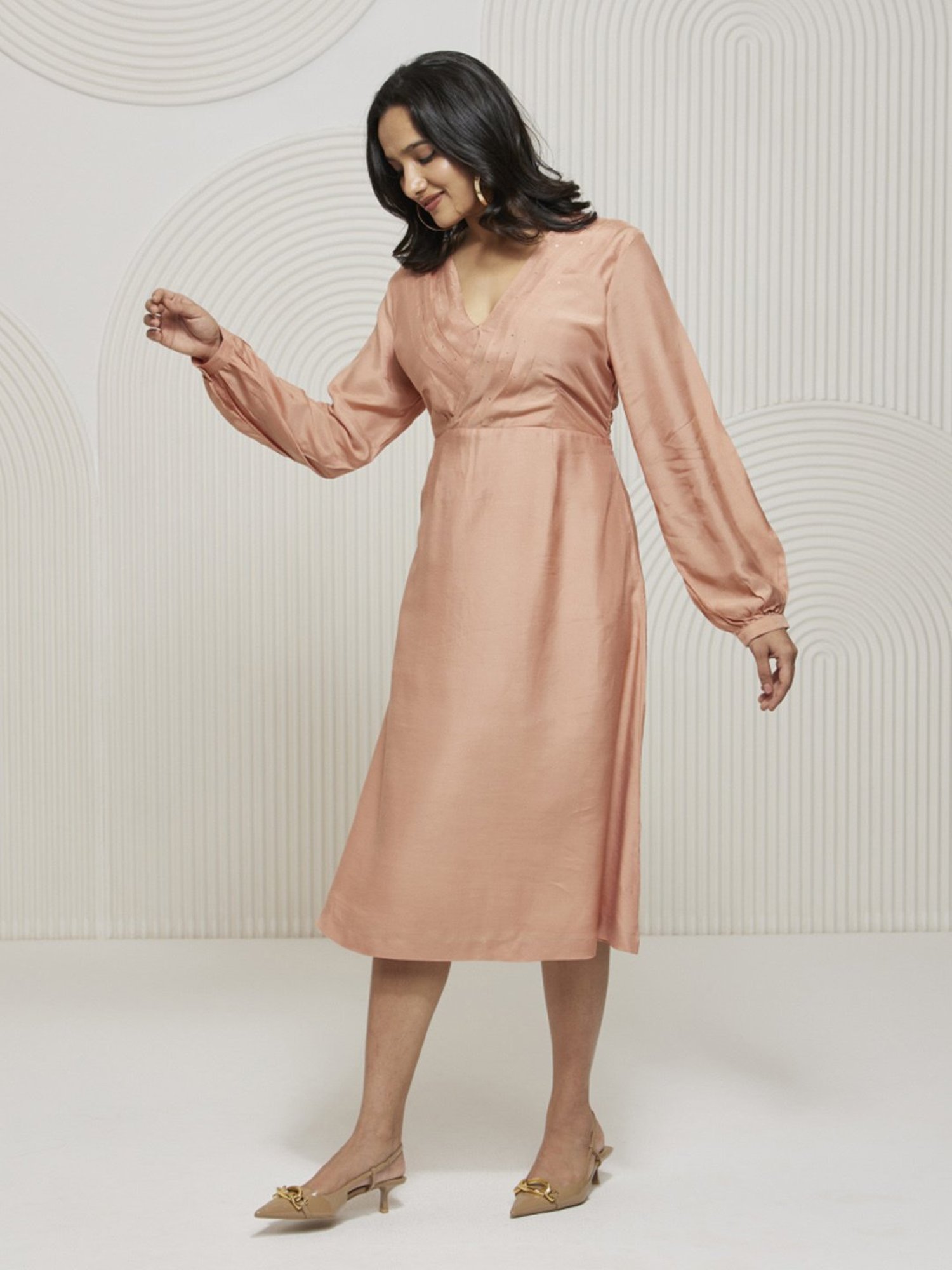 Artagai Salmon Pink Kashida Pleated Fit and Flare Dress with Mukaish Work On Neck