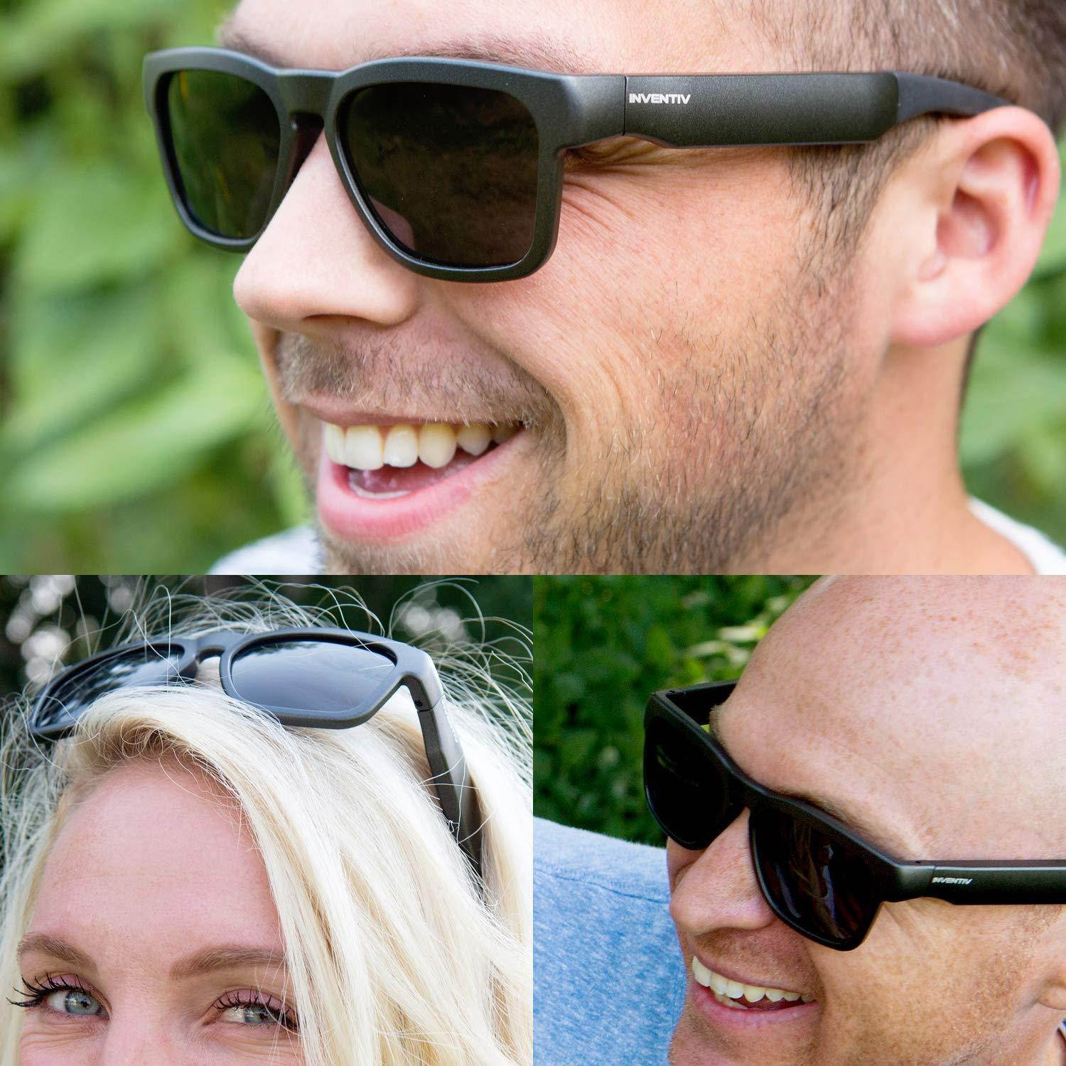Inventiv Wireless Bluetooth Sunglasses, Open Ear Music & Hands-Free Calling, for Men & Women, Polarized Lenses, Compatible with iPhone/Android (Black/Grey Tint)