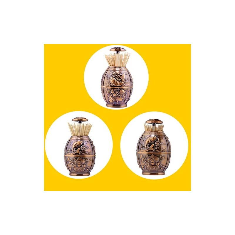 Push Style Retro Metal Automatic Toothpick Holder Case Can Box Container for Home Restaurant Cafe Club Bar Hotel Usage (Red Bronze)