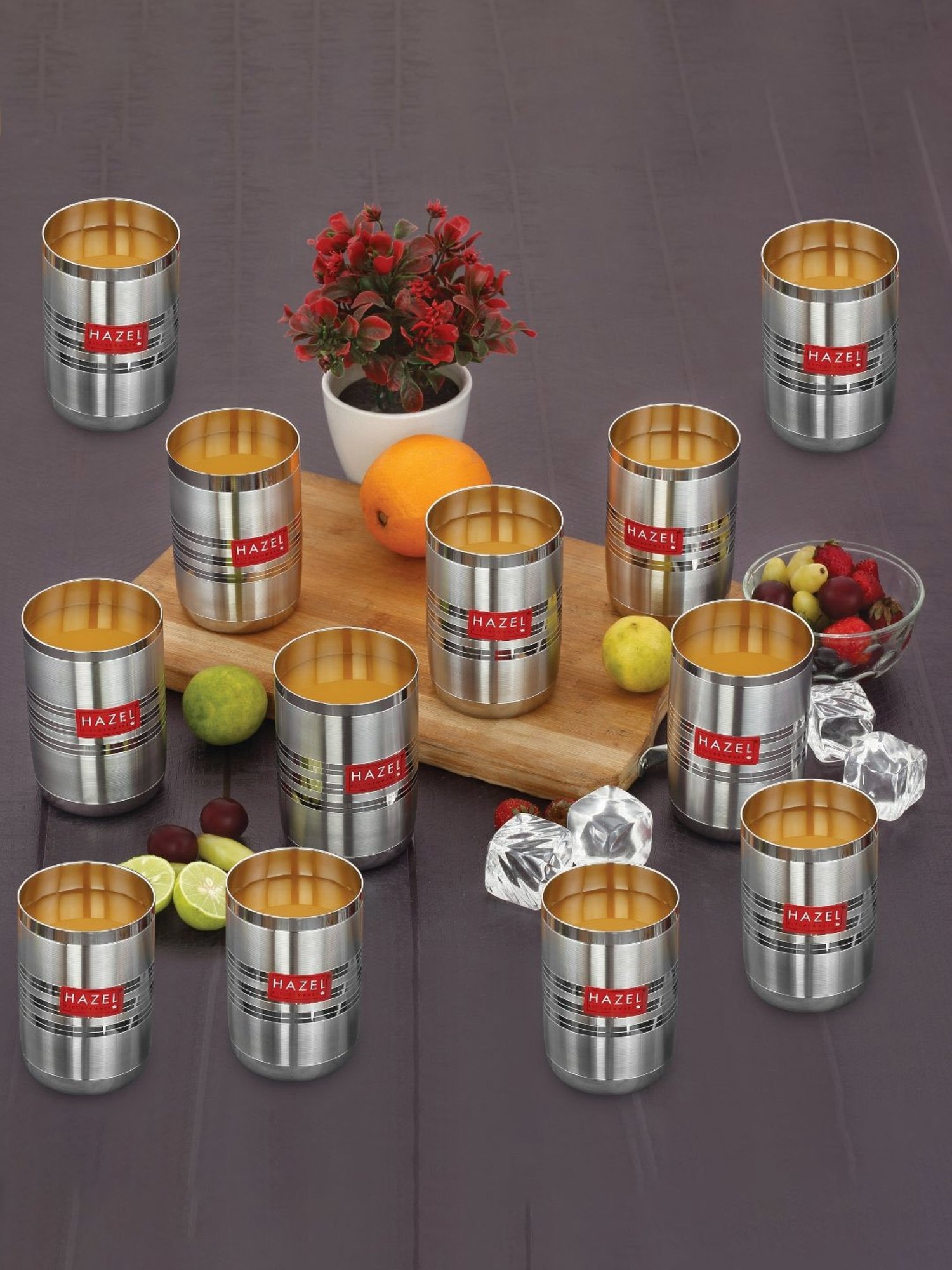 HAZEL Silver Stainless Steel Drinking Water Glasses - Set of 12 (350ml)