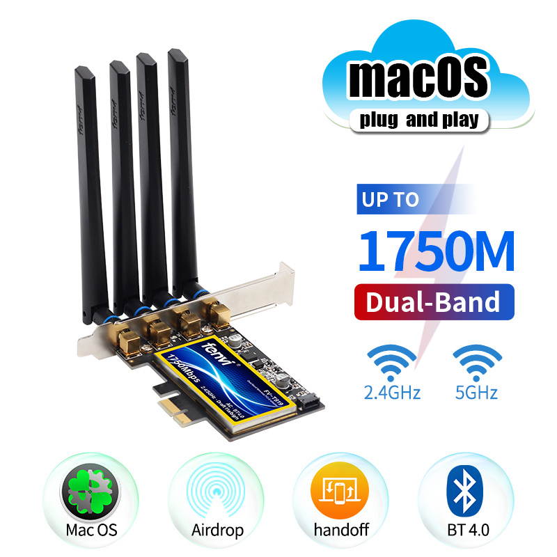 fenvi FV-T919 Hackintosh 1750Mbps PCI-E Bluetooth 4.0 Wireless Wifi Adapter BCM94360CD macOS Catalina Wifi Card For PC, Up to 1300Mbps (5Ghz) + 450Mbps(2.4Ghz), Dual Band 802.11ac, Airdrop / Handoff