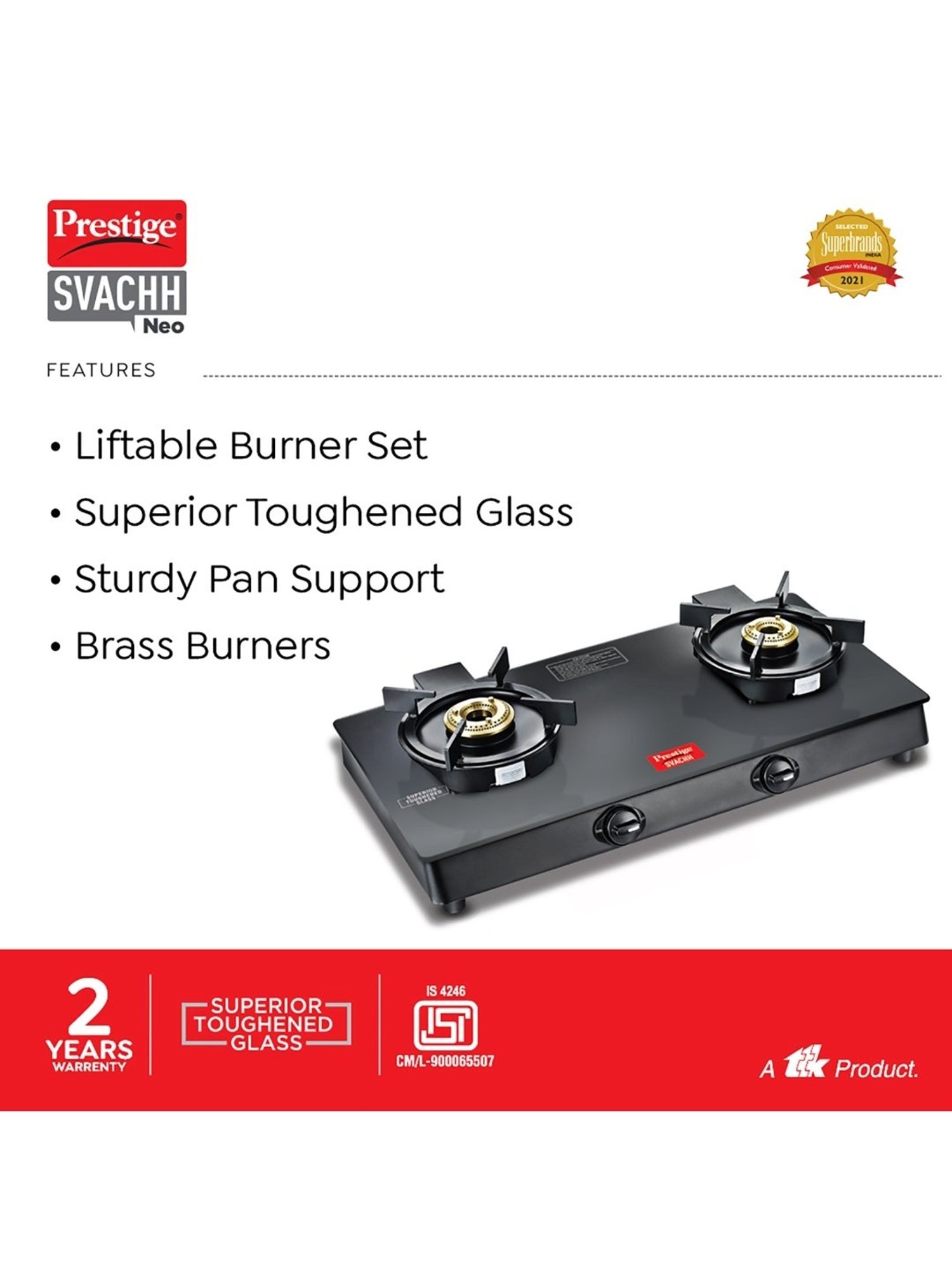 Pigeon Blackline Smart Black Glass Manual Gas Stove (2 Burners)