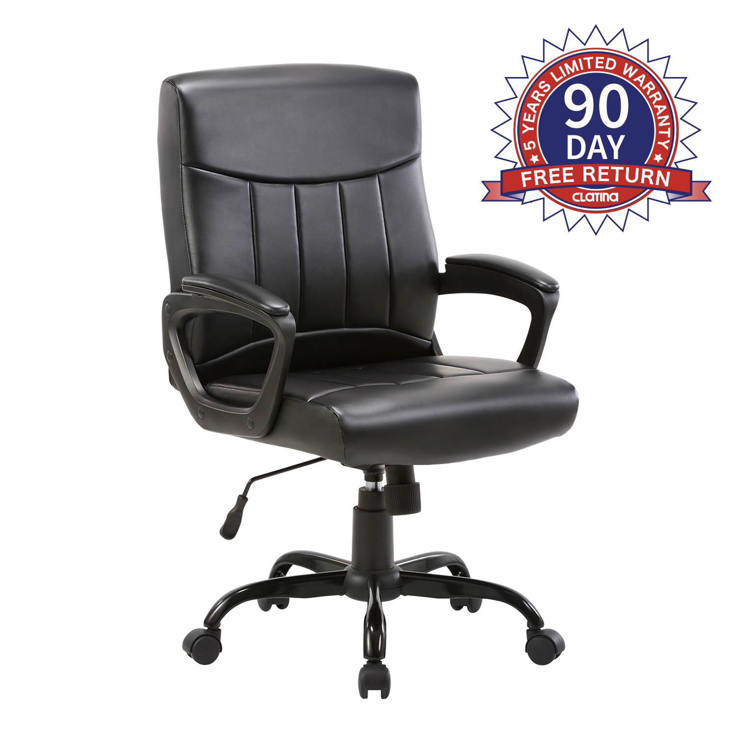 CLATINA Mid Back Leather Office Executive Chair with Lumbar Support and Padded Armrestes Swivel Adjustable Ergonomic Design for Home Computer Desk BIFMA Certified