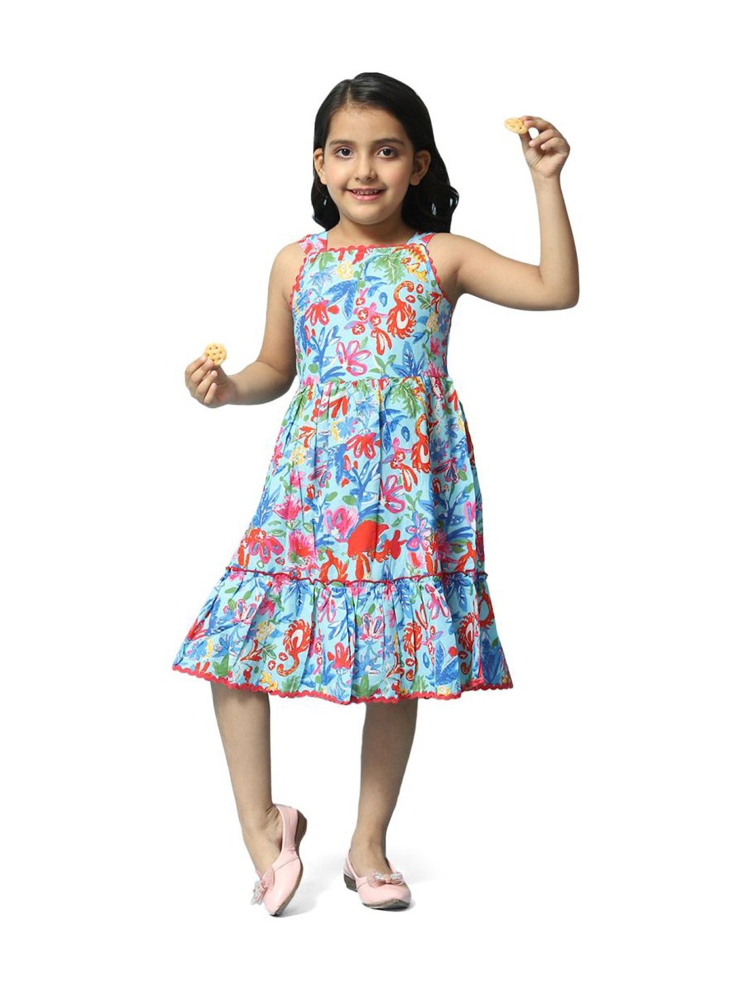 BIBA Girls Blue & Red Cotton Printed Dress