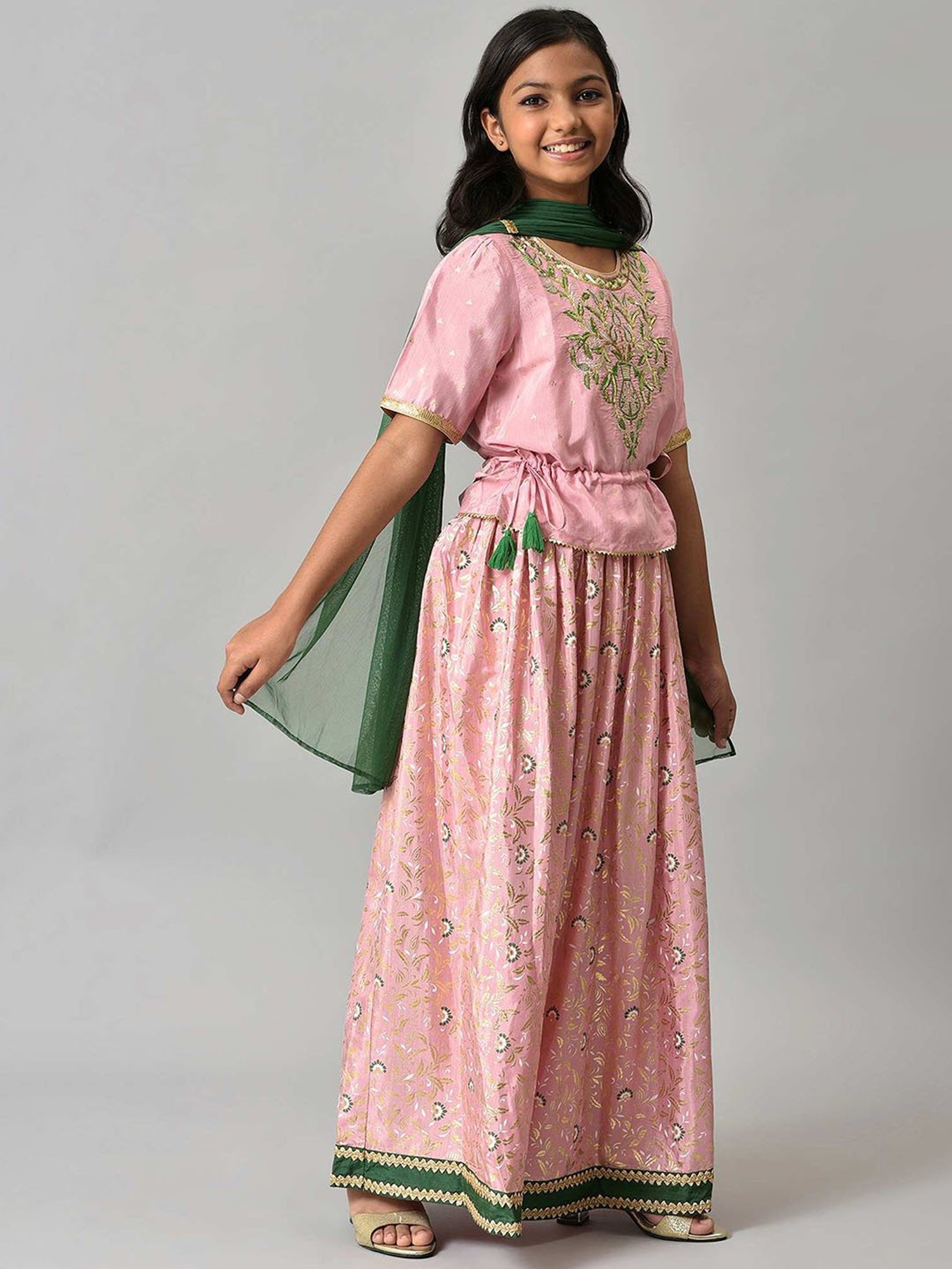 Aurelia Kids Pink & Green Embroidered Top, Skirt with Dupatta