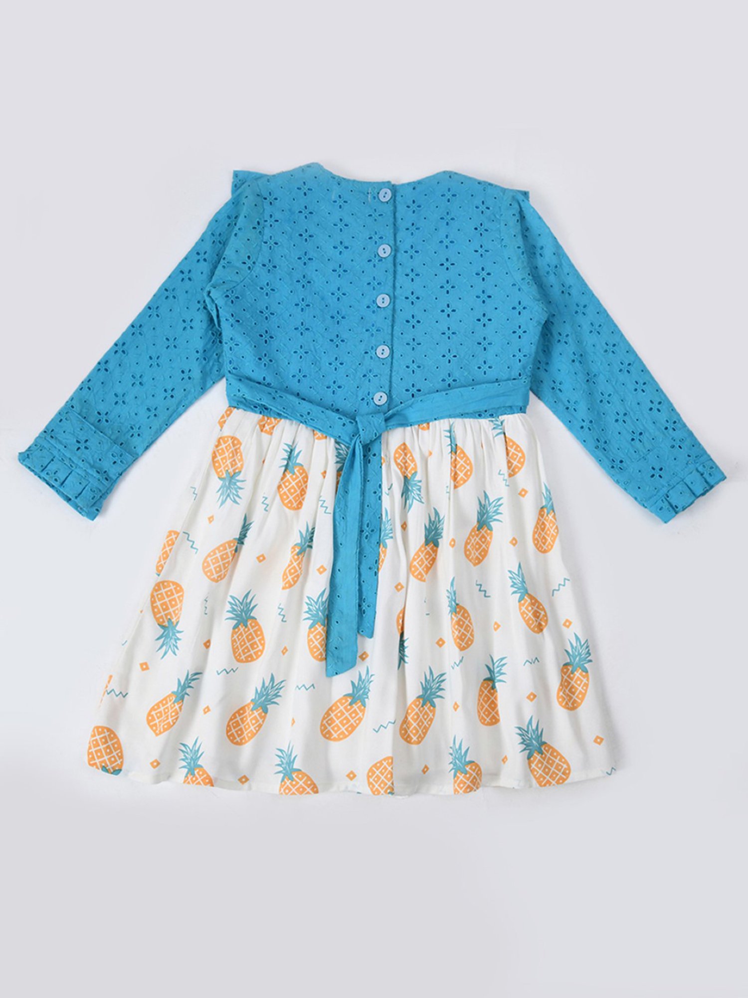 Bella Moda Kids Blue & White Self Design Full Sleeves Fit & Flare Dress