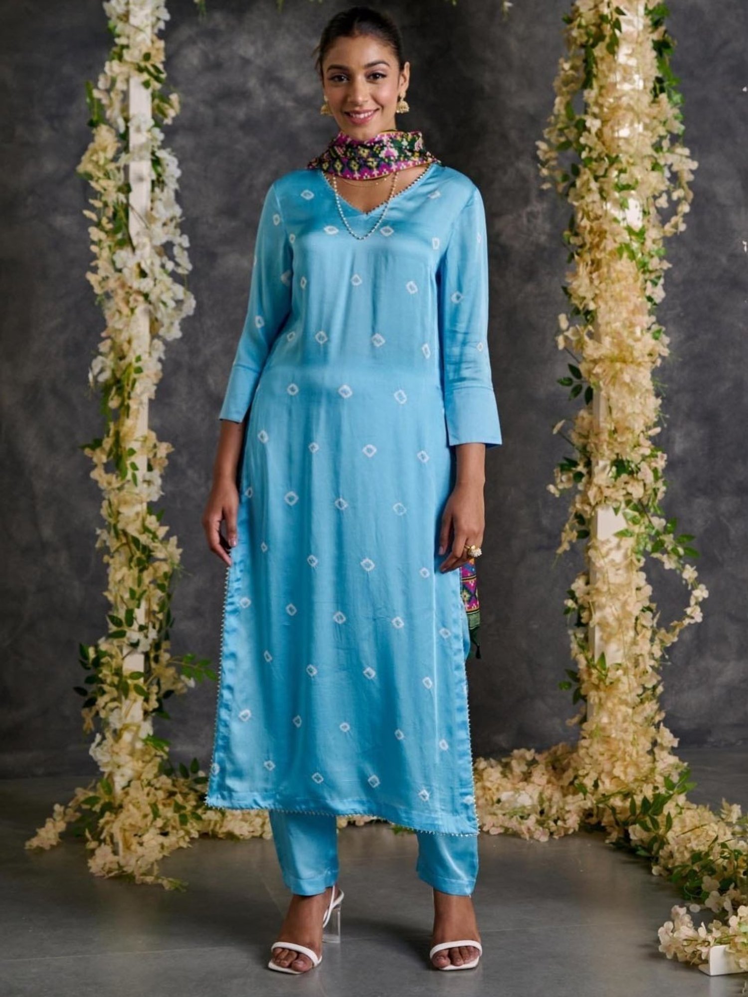 Gulaal Blue Bandhani High Slit Modal Satin Kurta and Pant with Dupatta