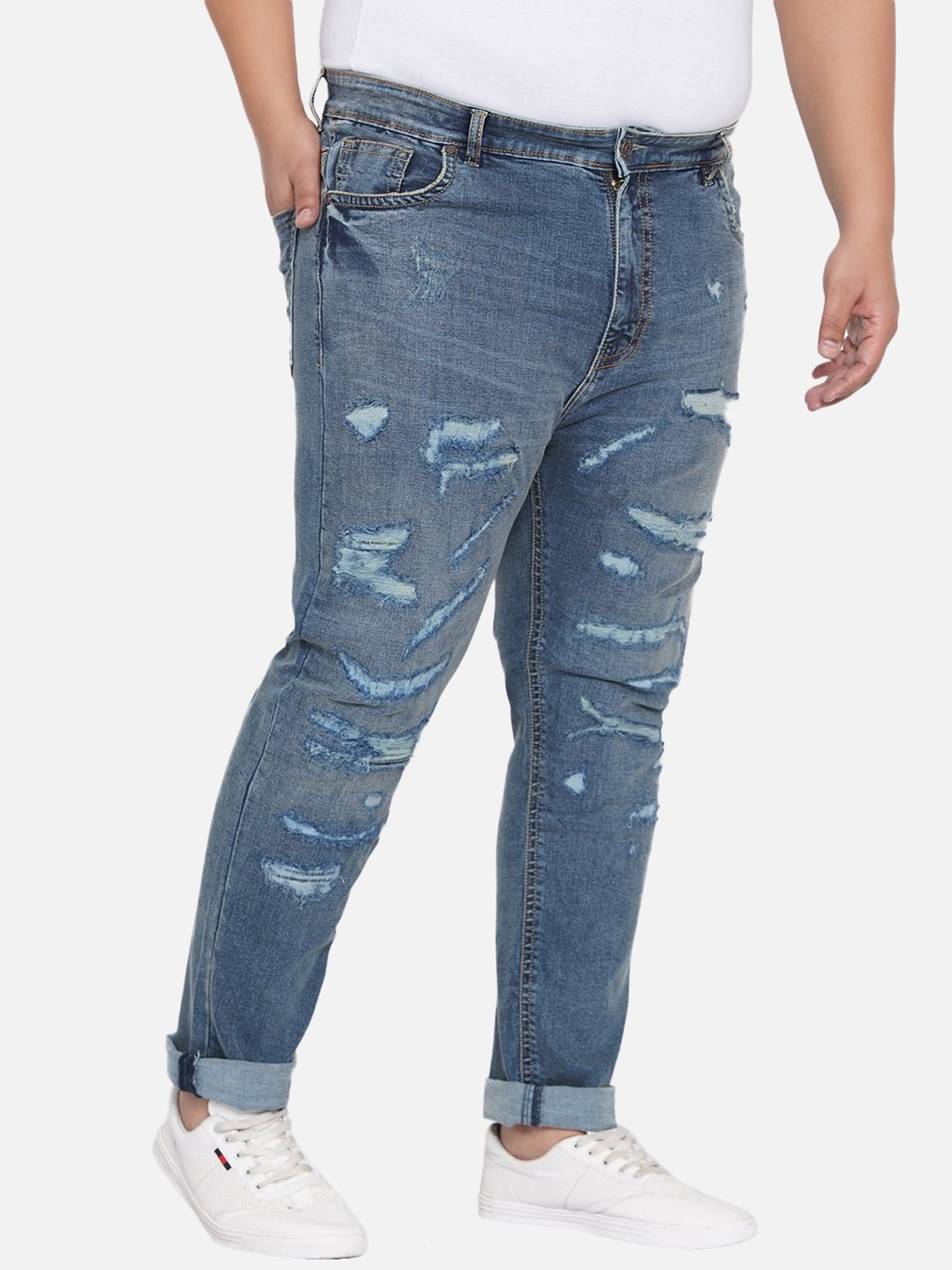 John Pride Blue Cotton Plus Size Distressed Jeans