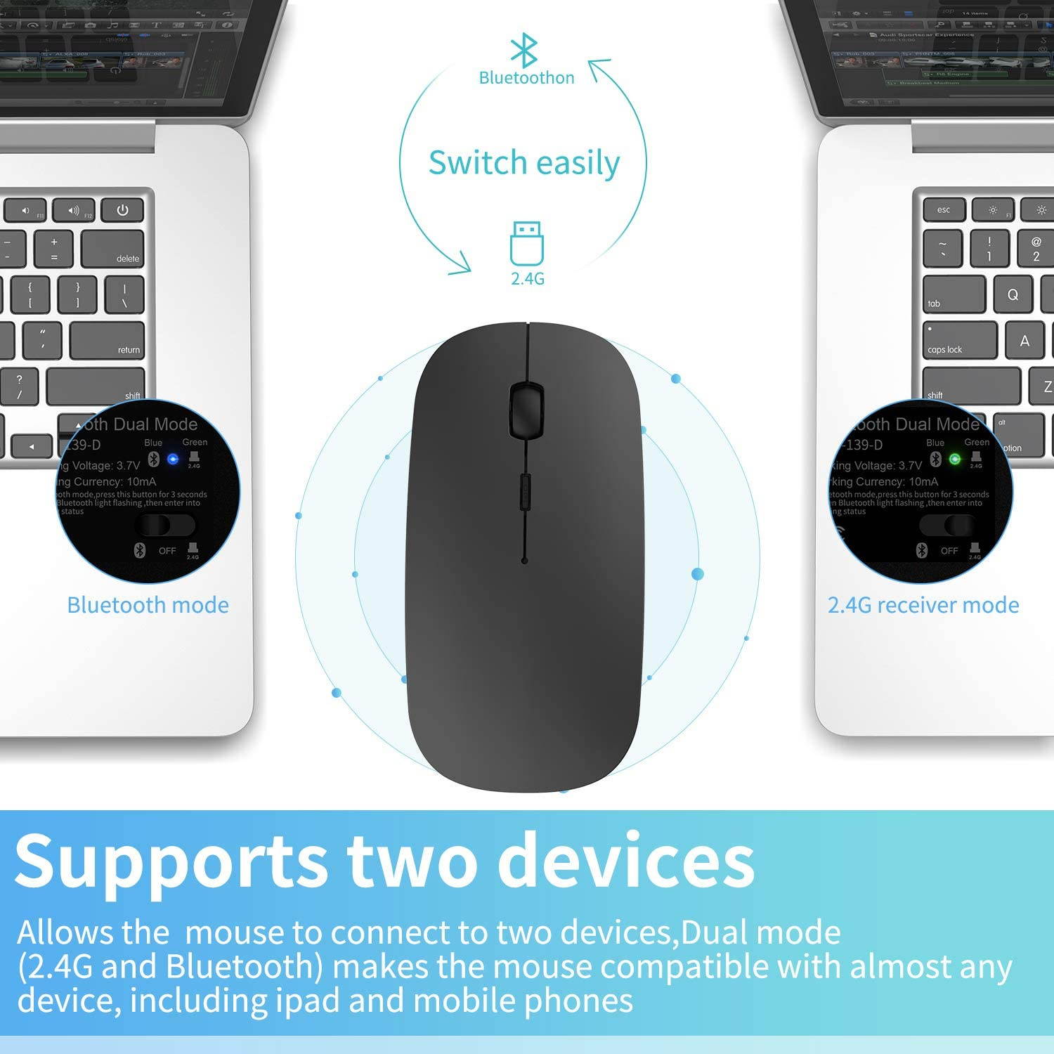 2.4GHz Wireless Bluetooth Mouse, 3 Adjustable DPI, Dual Mode Slim Rechargeable Wireless Mouse Silent USB Mice,Compatible for Laptop Windows Mac Android MAC PC Computer (Silver)