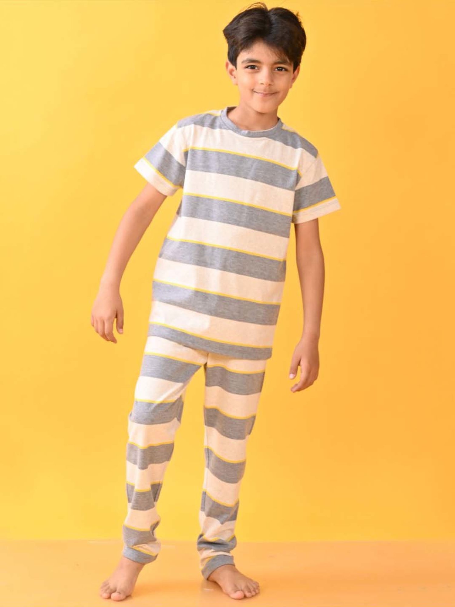 Anthrilo Kids Grey Cotton Striped T-Shirt & Trouser