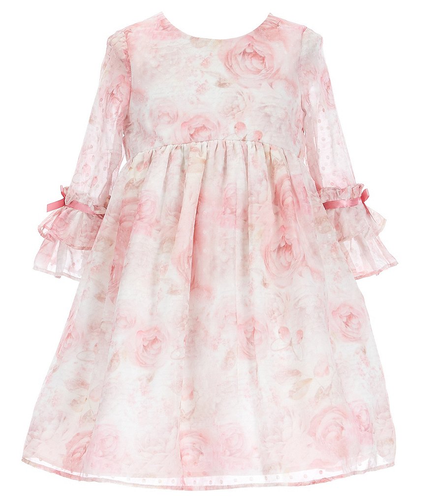 Laura Ashley Little Girls 2T-6X 3/4 Sleeve Rose & Butterfly Print Clip Dot Dress