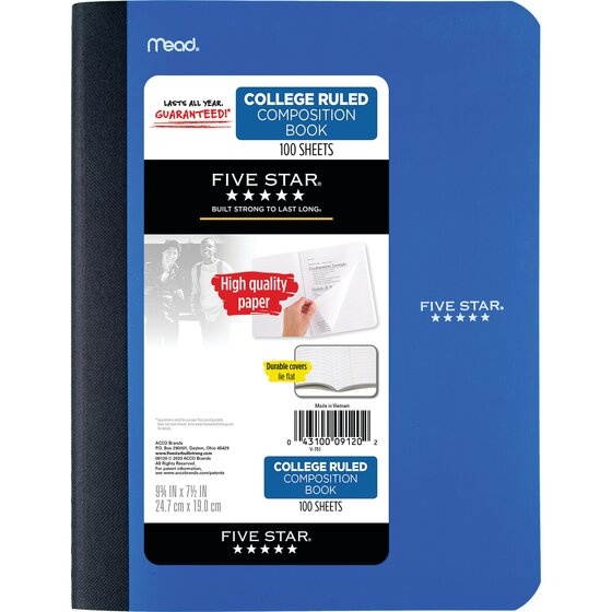 Five Star Composition Book College Ruled 100 Sheets 9 34 x 7 12 Cobalt Blue -