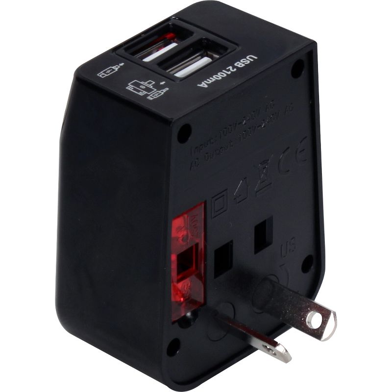 QVS Premium World Travel Power Adaptor with Surge Protection & 2.1A Dual-USB Charger - 120 V AC, 230 V AC Input - 5 V DC/2.10 A Output