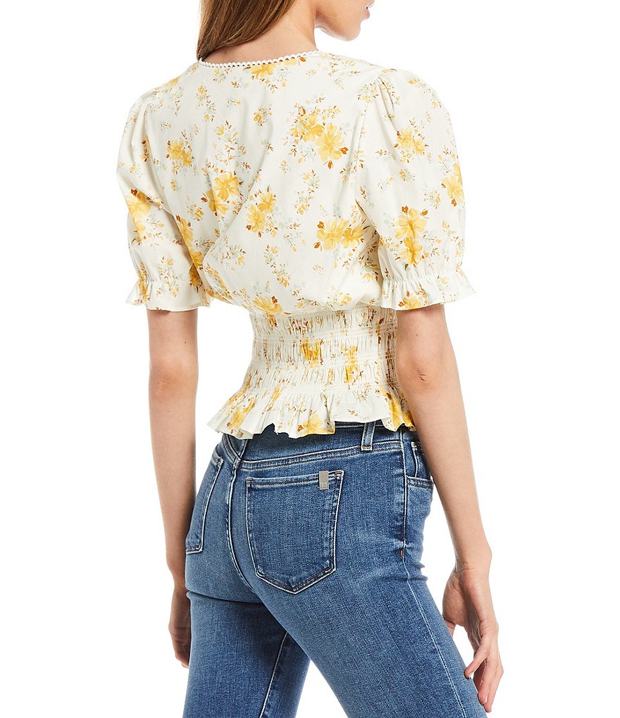 WAYF Floral Print Smocked Waist V-Neck Short Sleeve Top