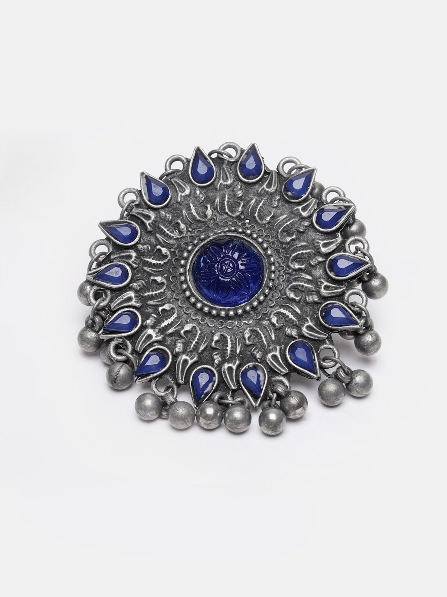Moedbuille Blue Agate Crystals Studded Filgree Work Oxidised Silver Plated Handcrafted Finger Ring