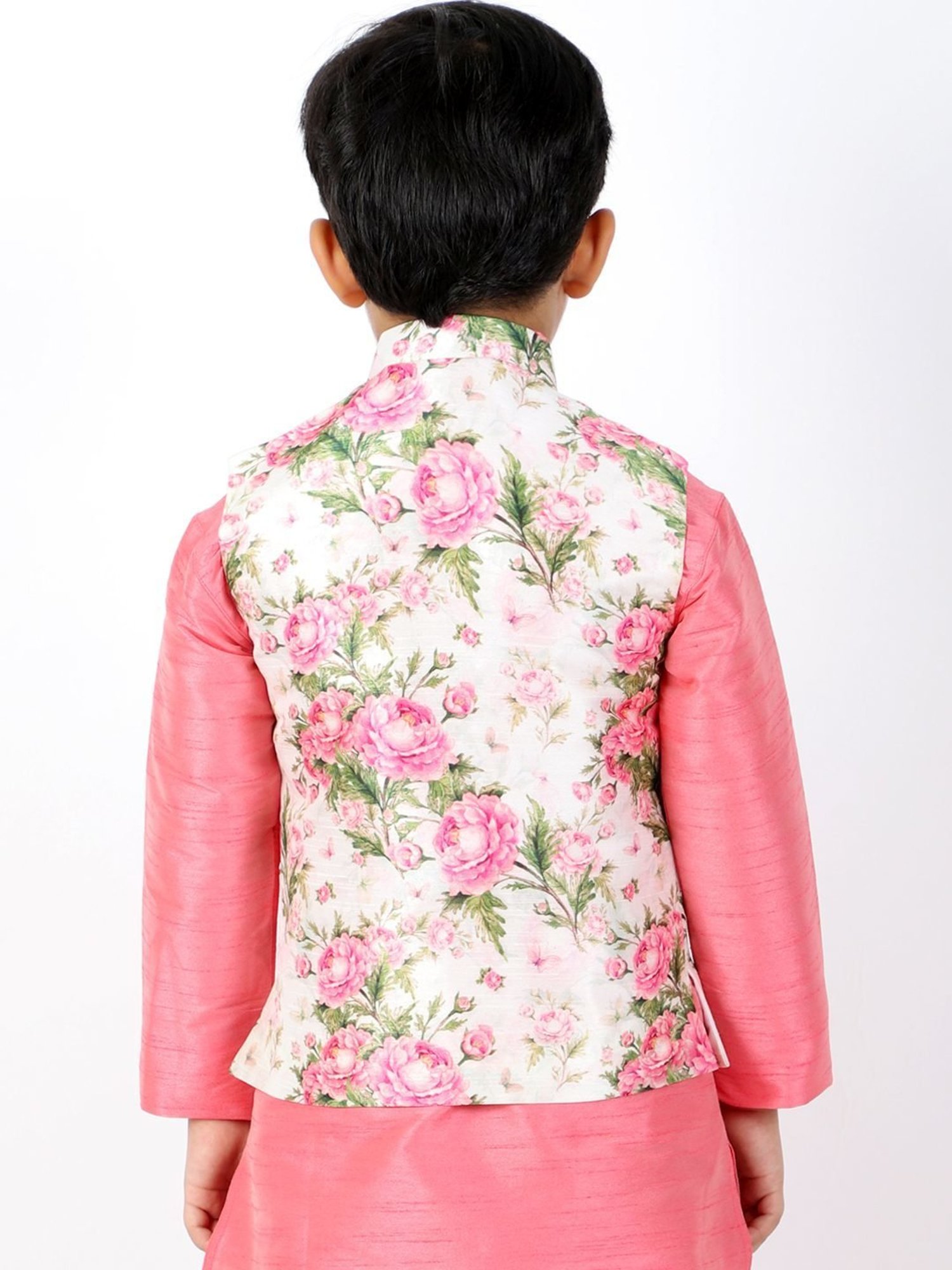 VASTRAMAY Kids Pink & White Floral Print Nehru Jacket