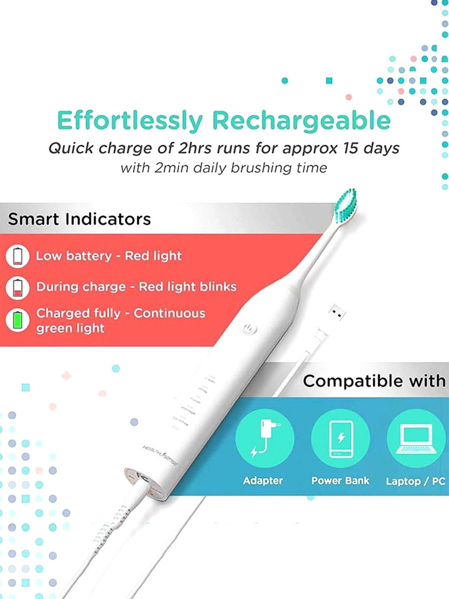 HealthSense Clean-Care ET-720 Rechargeable Sonic Electric Toothbrush with Extra Head (White)