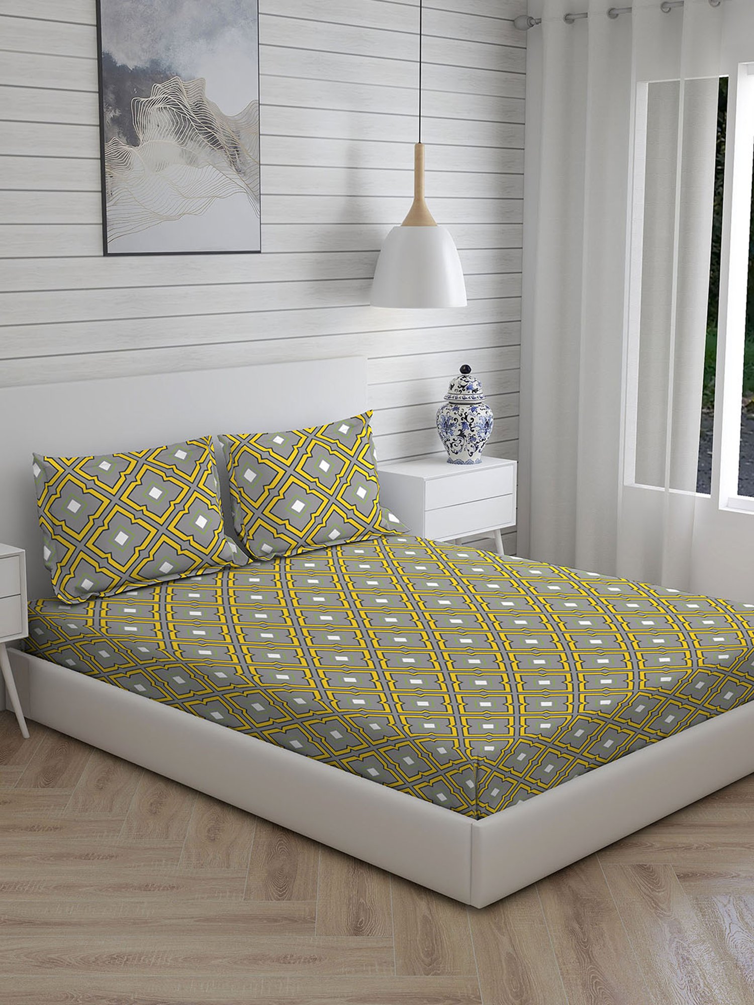 Layers Tuscany Printed Light Grey 104 TC Cotton King Bed Sheet with 2 Pillow Covers