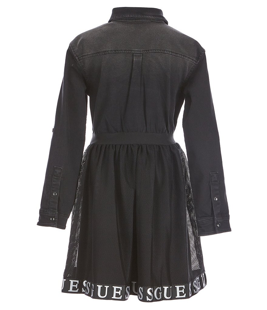 Guess Big Girls 7-16 Elbow-Sleeve Denim Bodice With Printed Mesh Logo Skirt Dress