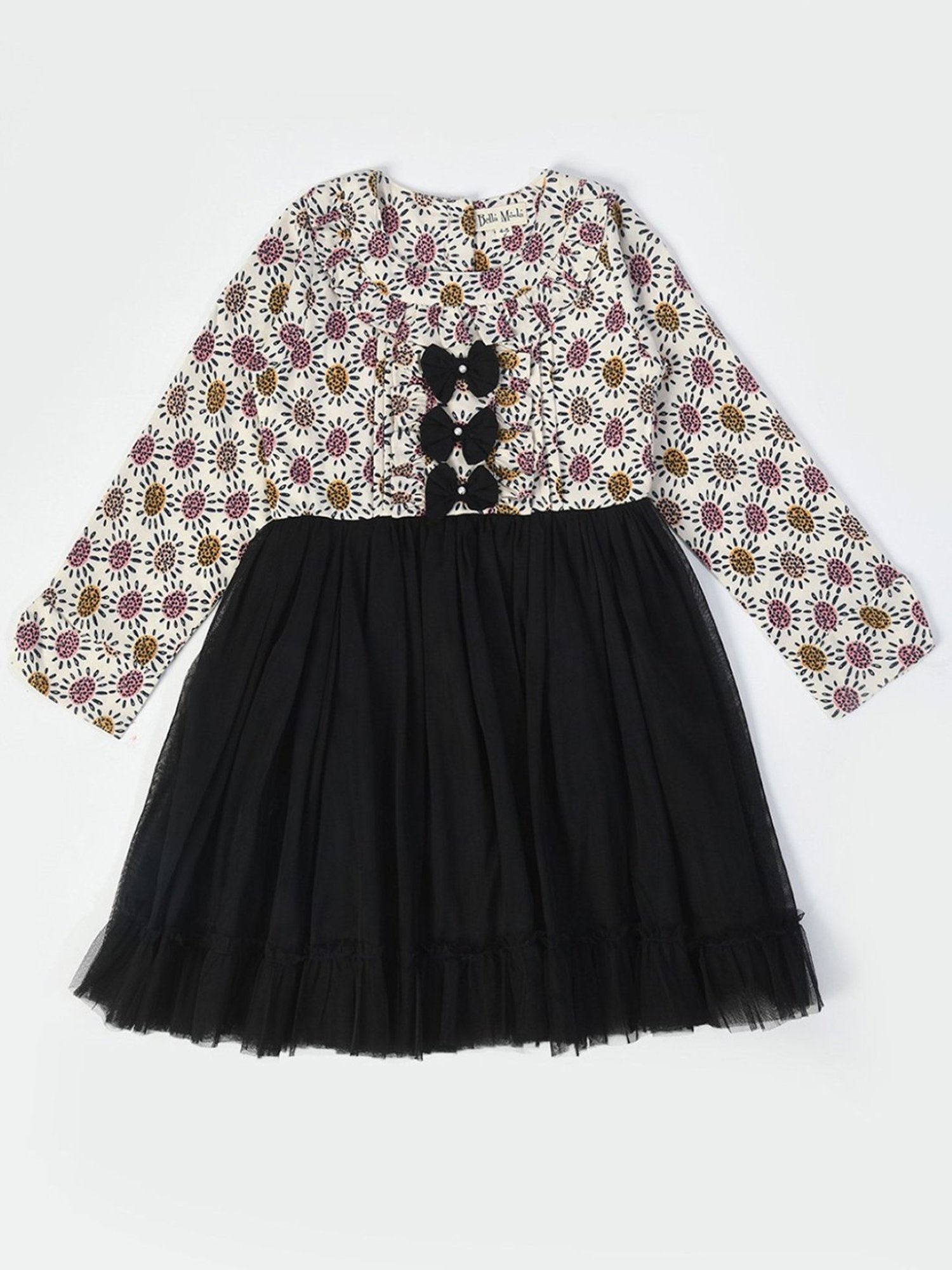 Bella Moda Kids White & Black Printed Full Sleeves Fit & Flare Dress