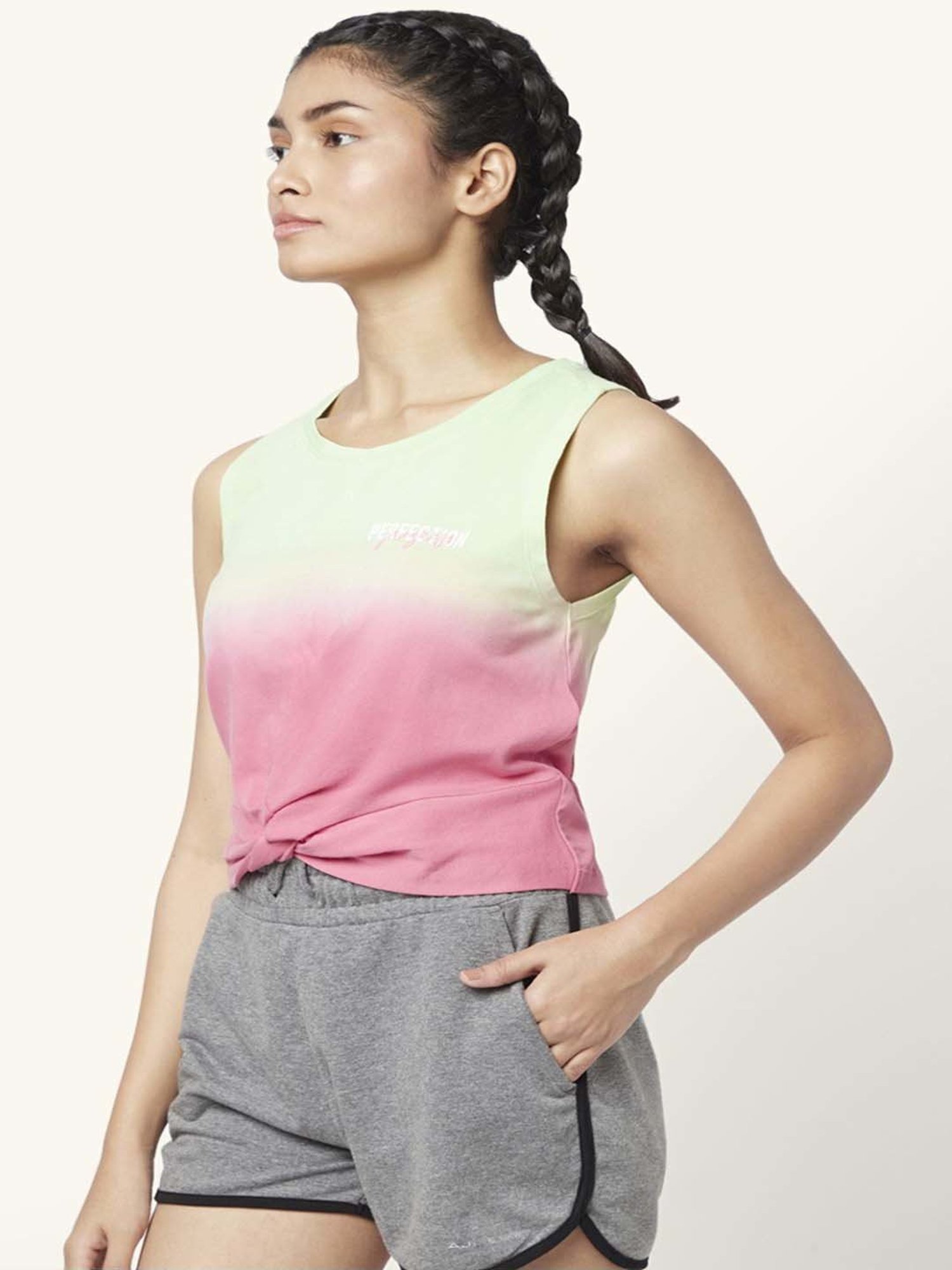 Ajile by Pantaloons Green & Pink Cotton Printed Sports Top
