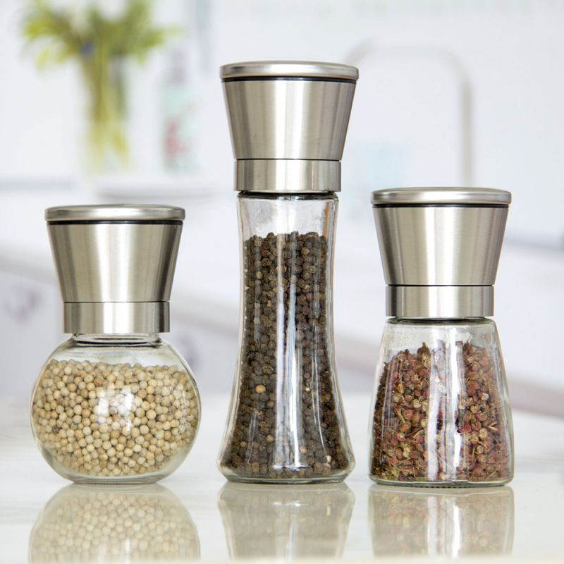 2pcs Stainless Steel Pepper Grinder Manual Pepper Mill Glass Bottle Pepper Mill Cruet Cooking Grinding Tool (Black Taper + Slim Waist)