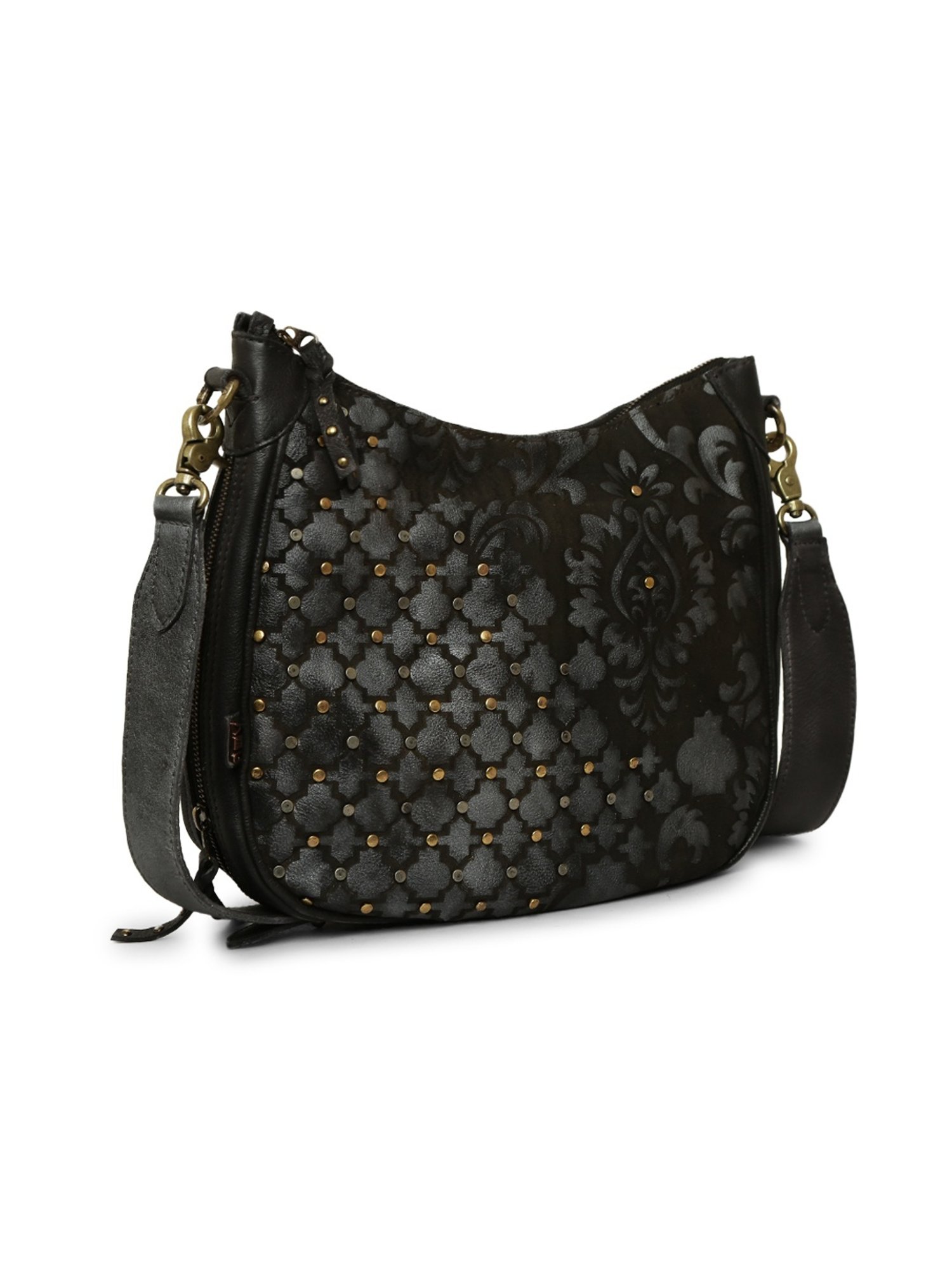 Art N Vintage Luminosa Black Leather Floral Medium Hobo Handbag