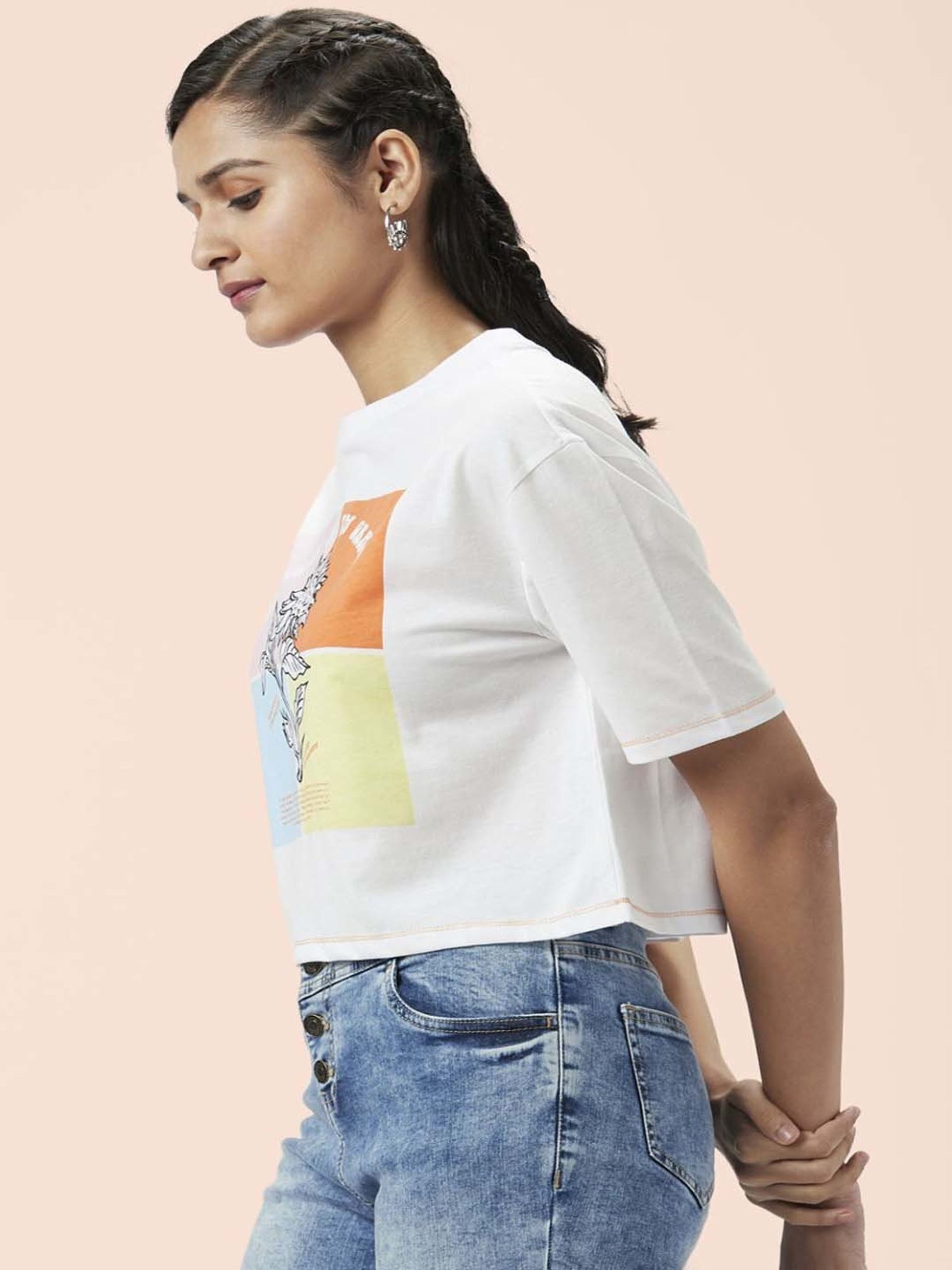 People by Pantaloons White Cotton Printed Crop T-Shirt