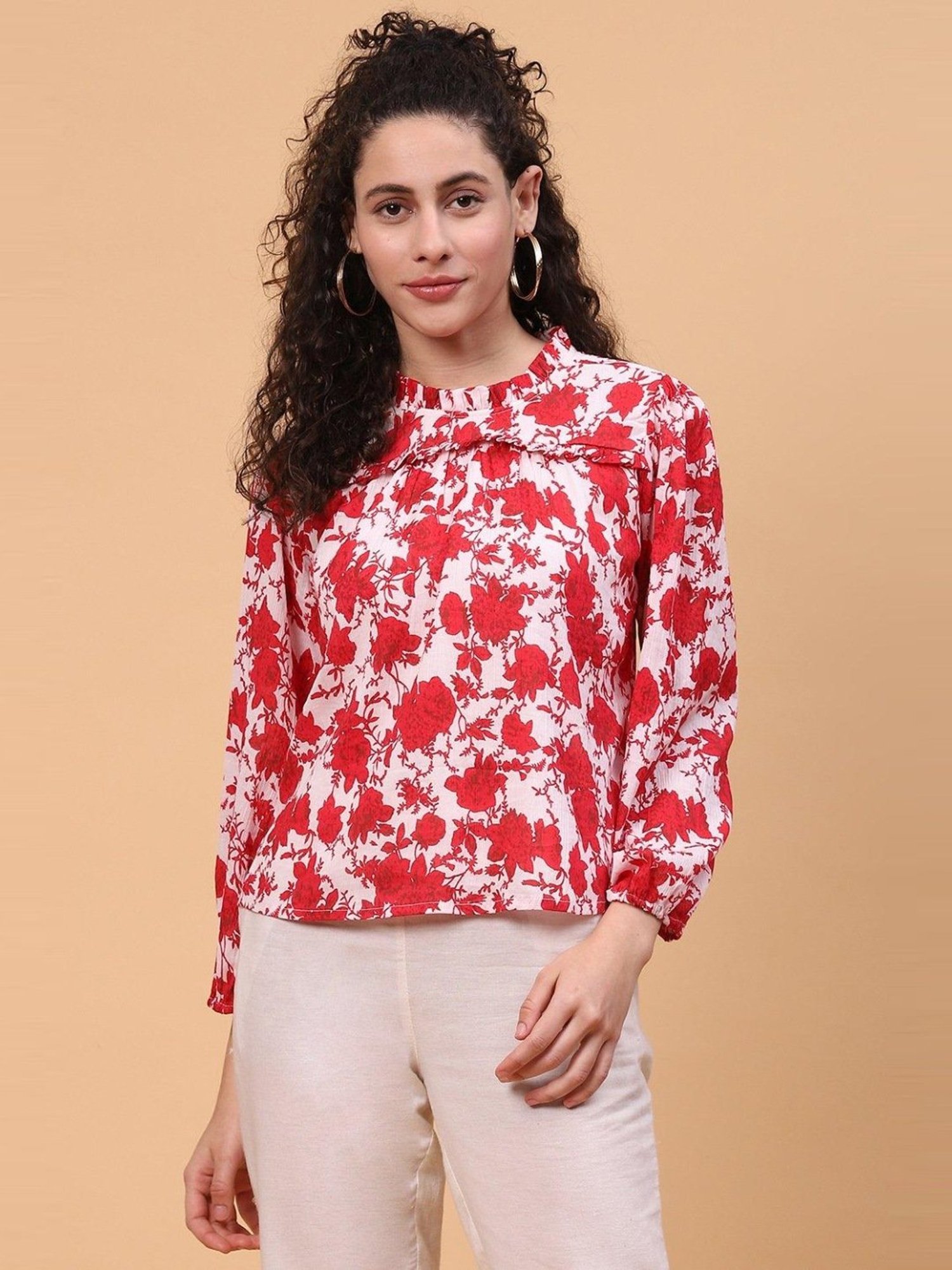Rangriti White & Red Floral Print Top