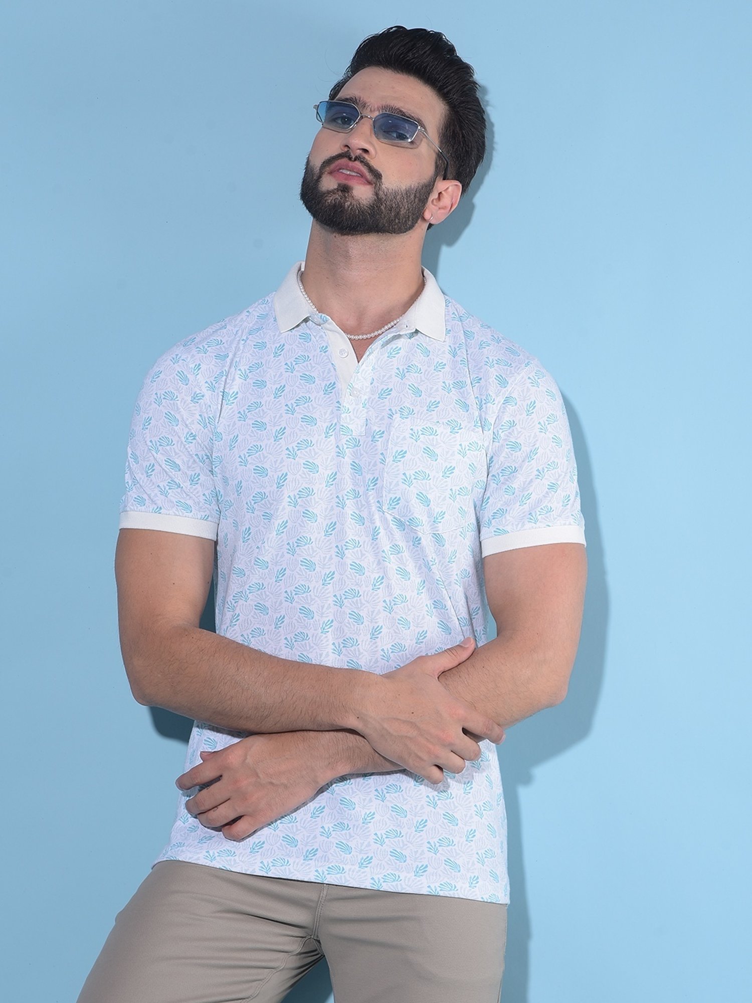 Crimsoune Club Blue Slim Fit Floral Print Polo T-Shirt