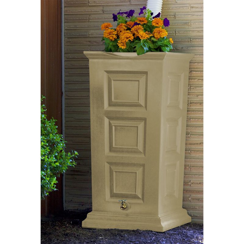 Good Ideas Savannah Outdoor 55 Gallon Flat Back Weatherproof Rain Barrel and Planter, Khaki