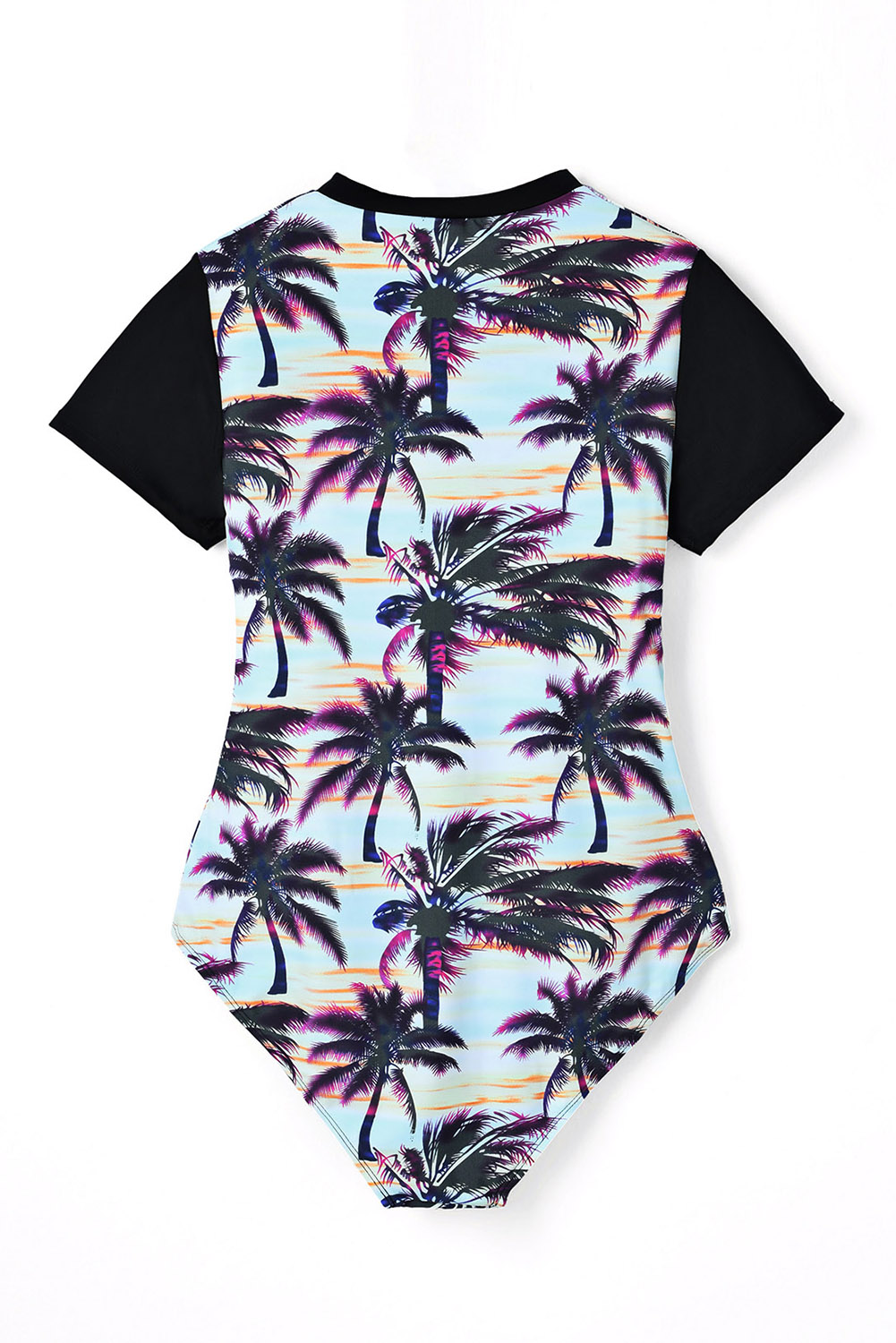 Black Plant Print Zip Front Half Sleeve One Piece Swimsuit
